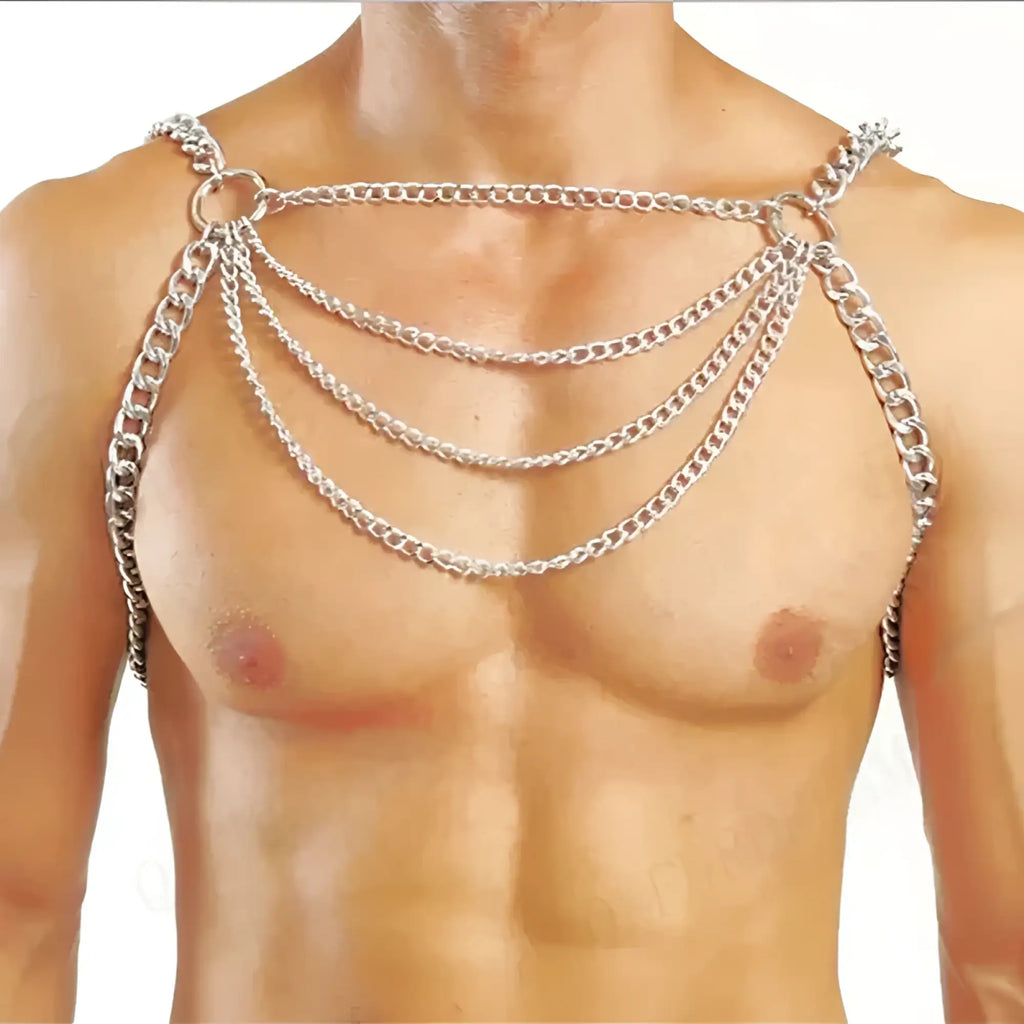 Silver-toned metal chain harness with multiple layered chains and circular rings for edgy fashion looks