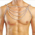 Silver-toned metal chain harness with multiple layered chains and circular rings for edgy fashion looks