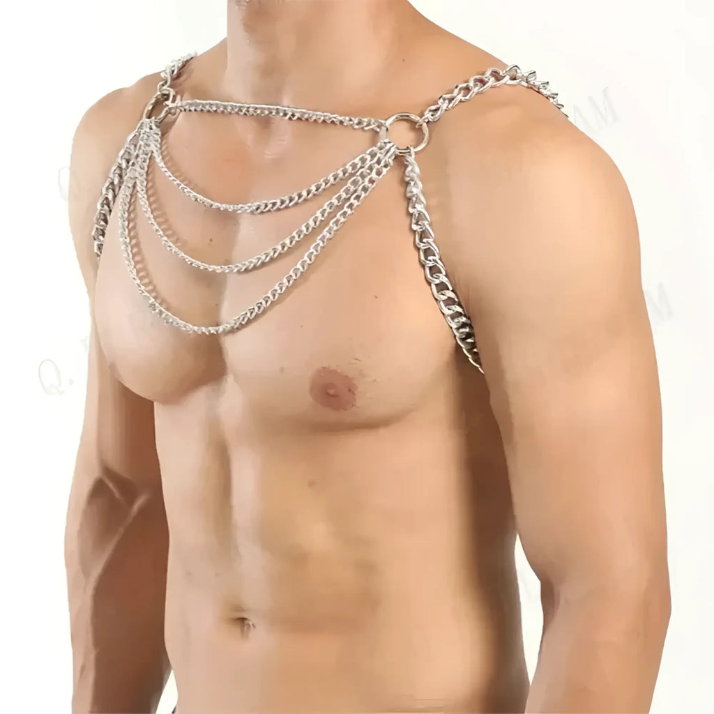 Silver-toned multi-layered chain harness with bold industrial design in body harness style for edgy fashion looks