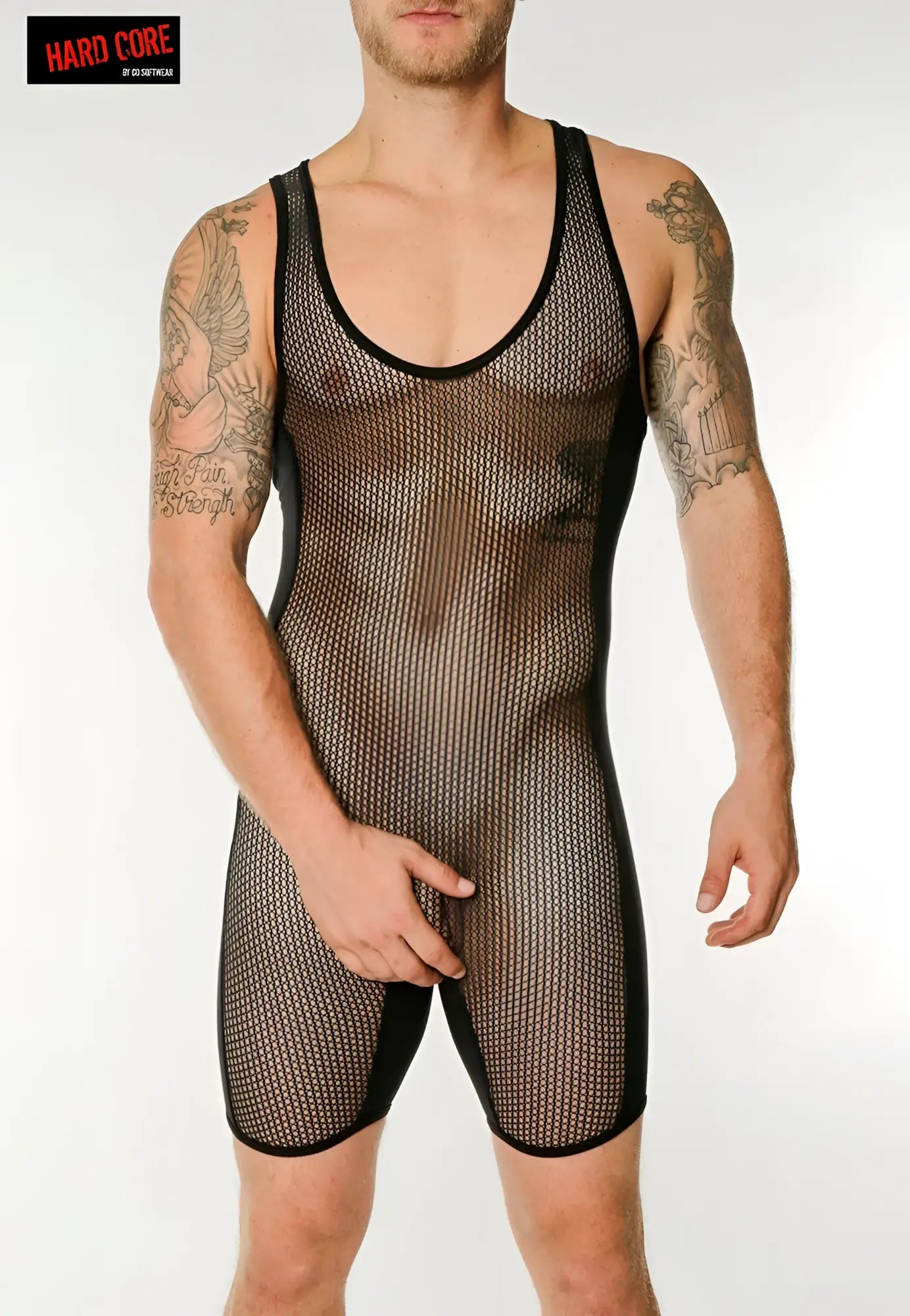 Black chain link mesh singlet bodysuit with black trim featuring breathable mesh material and sleek design