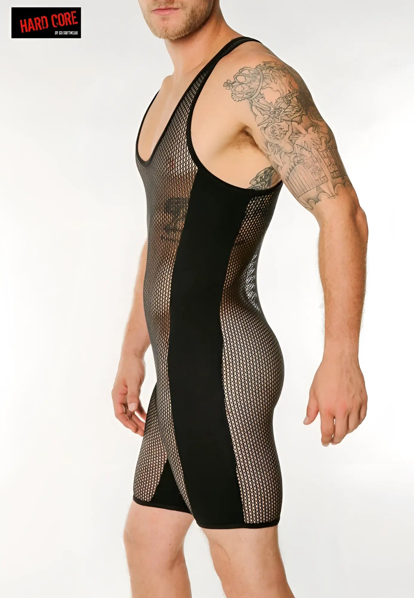 Black chain link mesh singlet wrestling singlet with solid fabric and deep v-neckline for athletic use