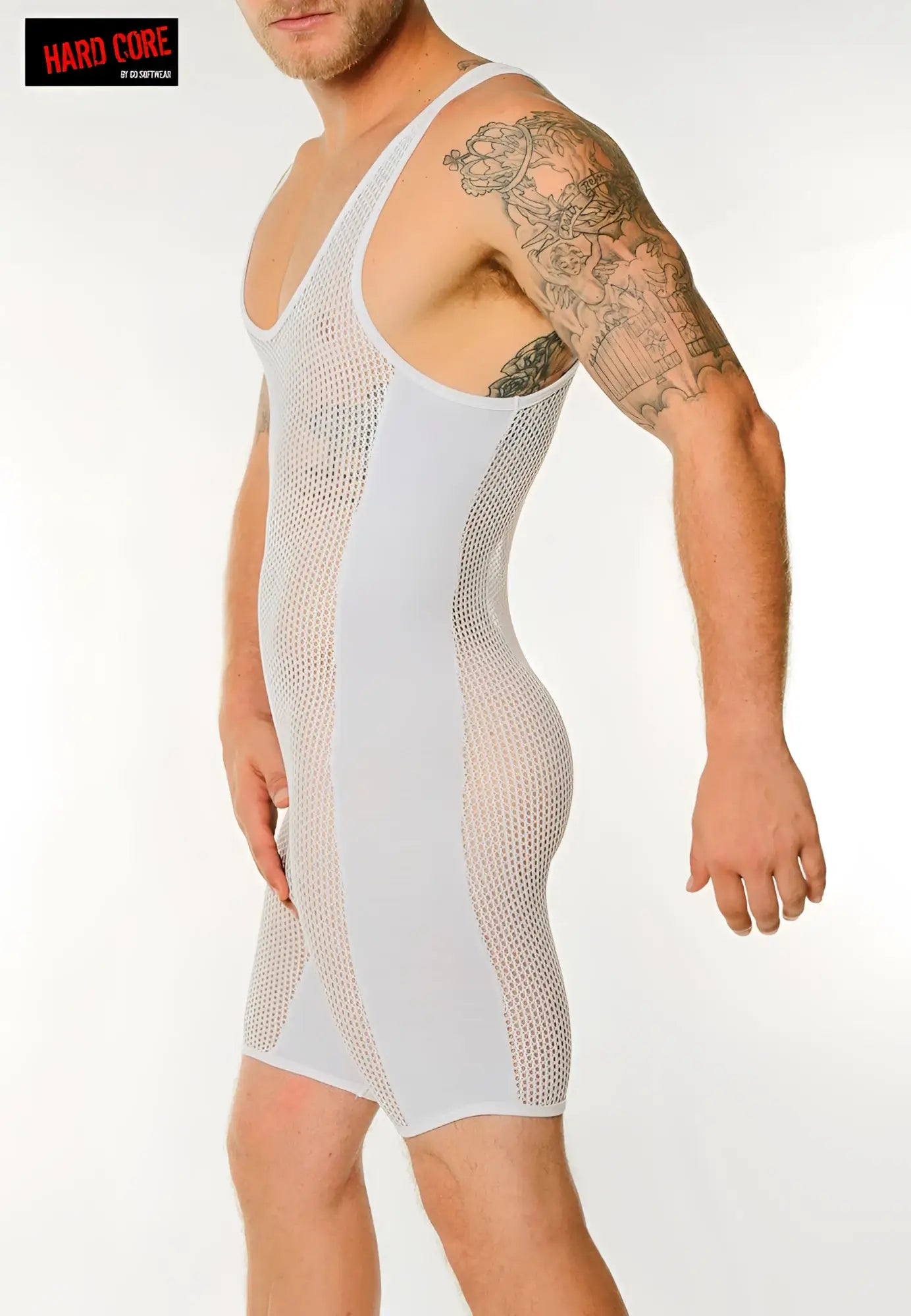 White mesh and solid fabric bodysuit with fitted design featuring chain link mesh detailing in front view