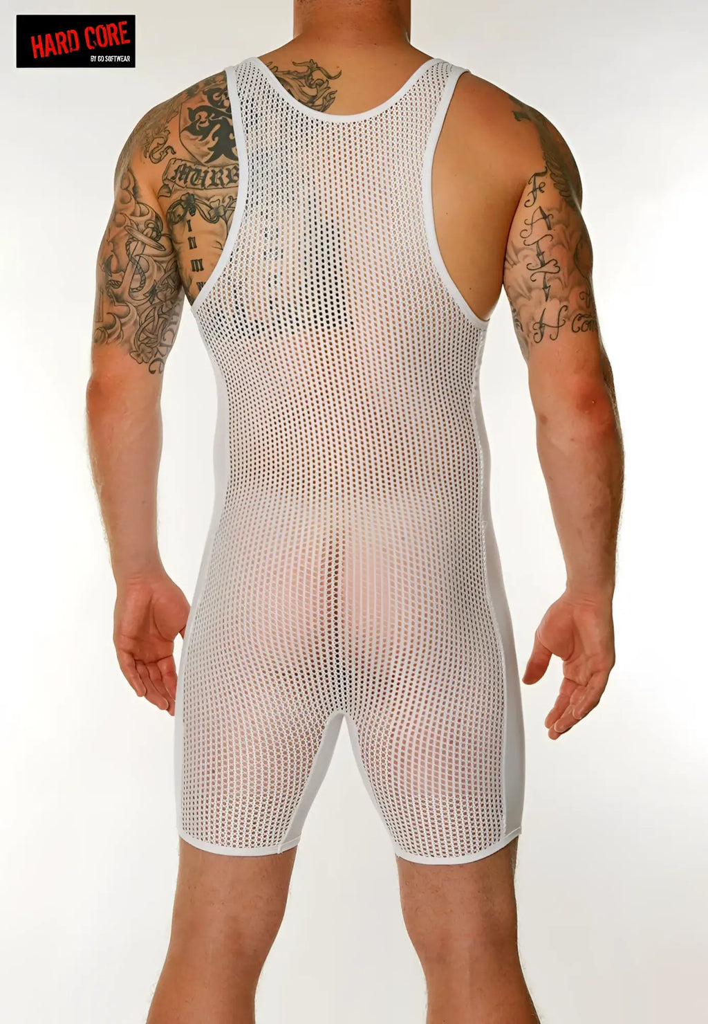 Chain link mesh singlet white mesh tank top with snug fit and reinforced trim along the edges