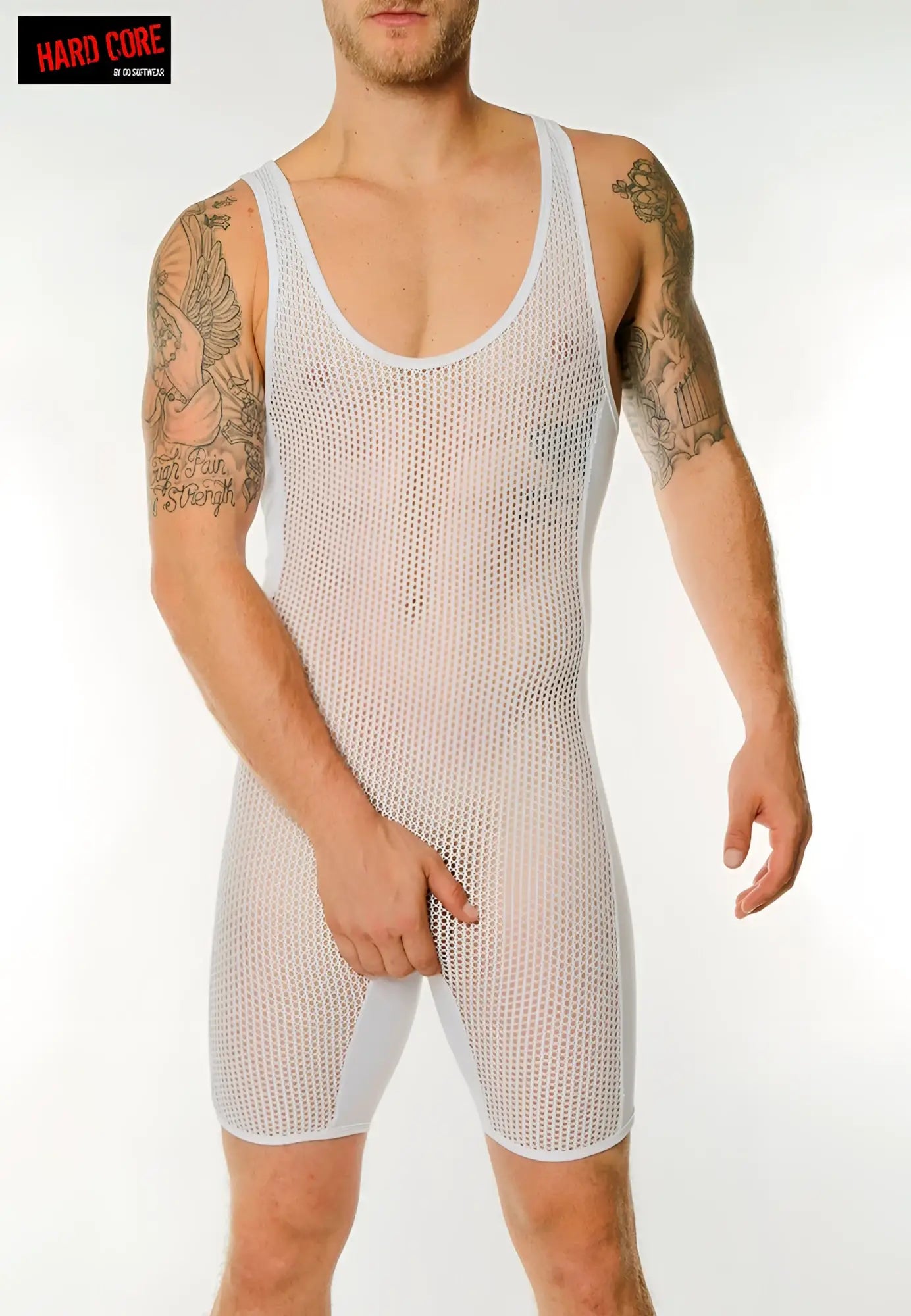 White mesh tank top with solid white side panels and trim in chain link mesh singlet design