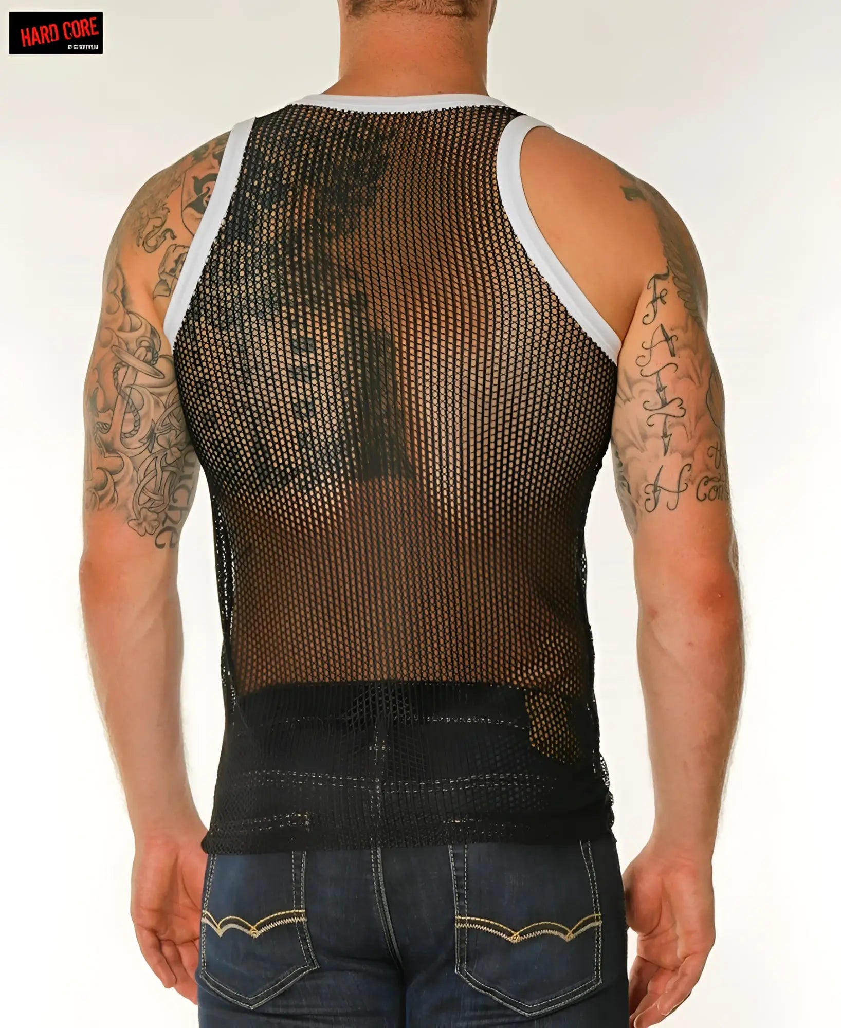 Black mesh chain link tank top with white trim and solid black band at the bottom