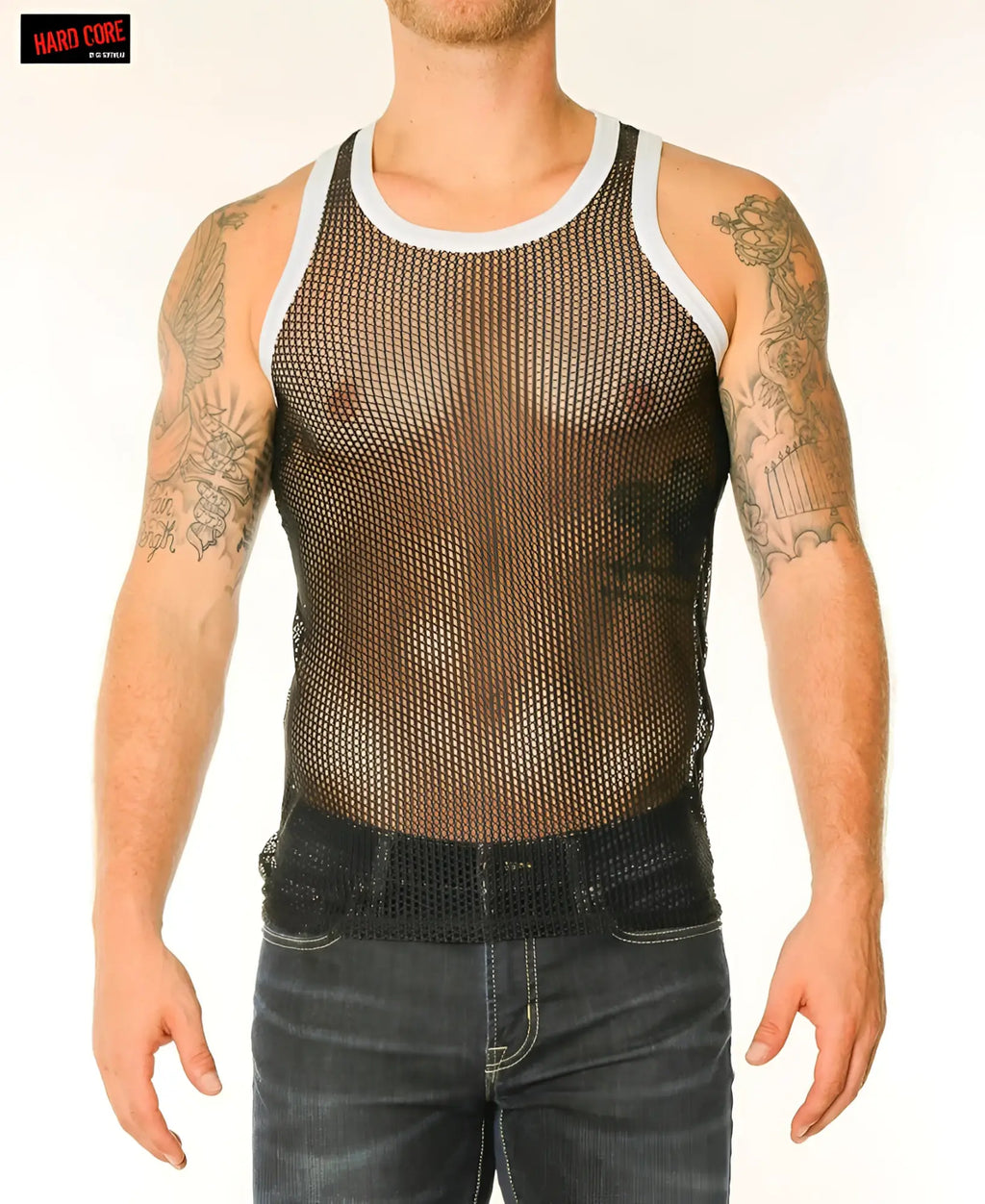 Black mesh tank top with white trim featuring a chain link mesh design perfect for breathable summer wear