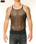 Black mesh tank top with white trim featuring a chain link mesh design perfect for breathable summer wear