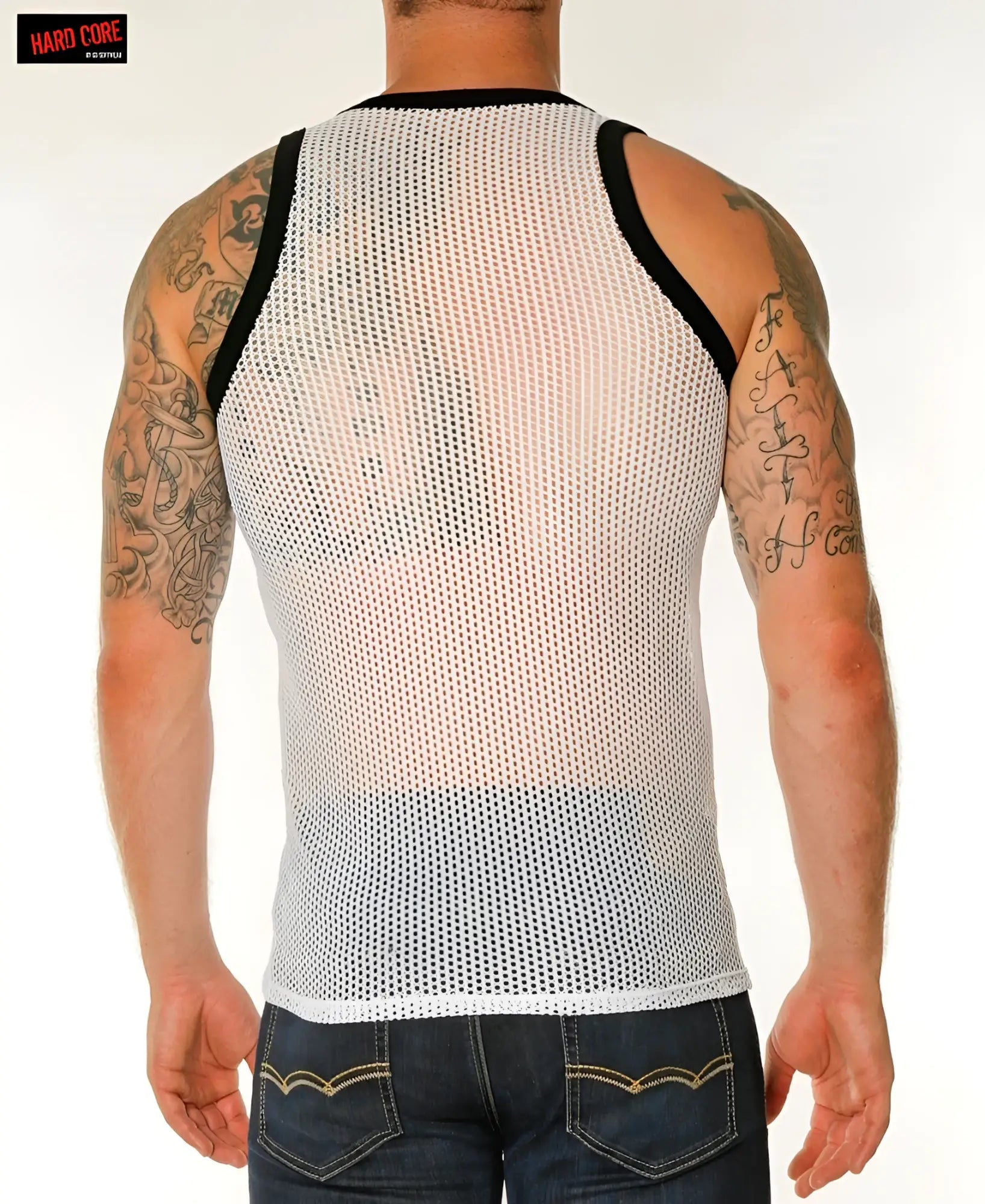 White mesh chain link tank top with black trim showing breathable lightweight sleeveless design