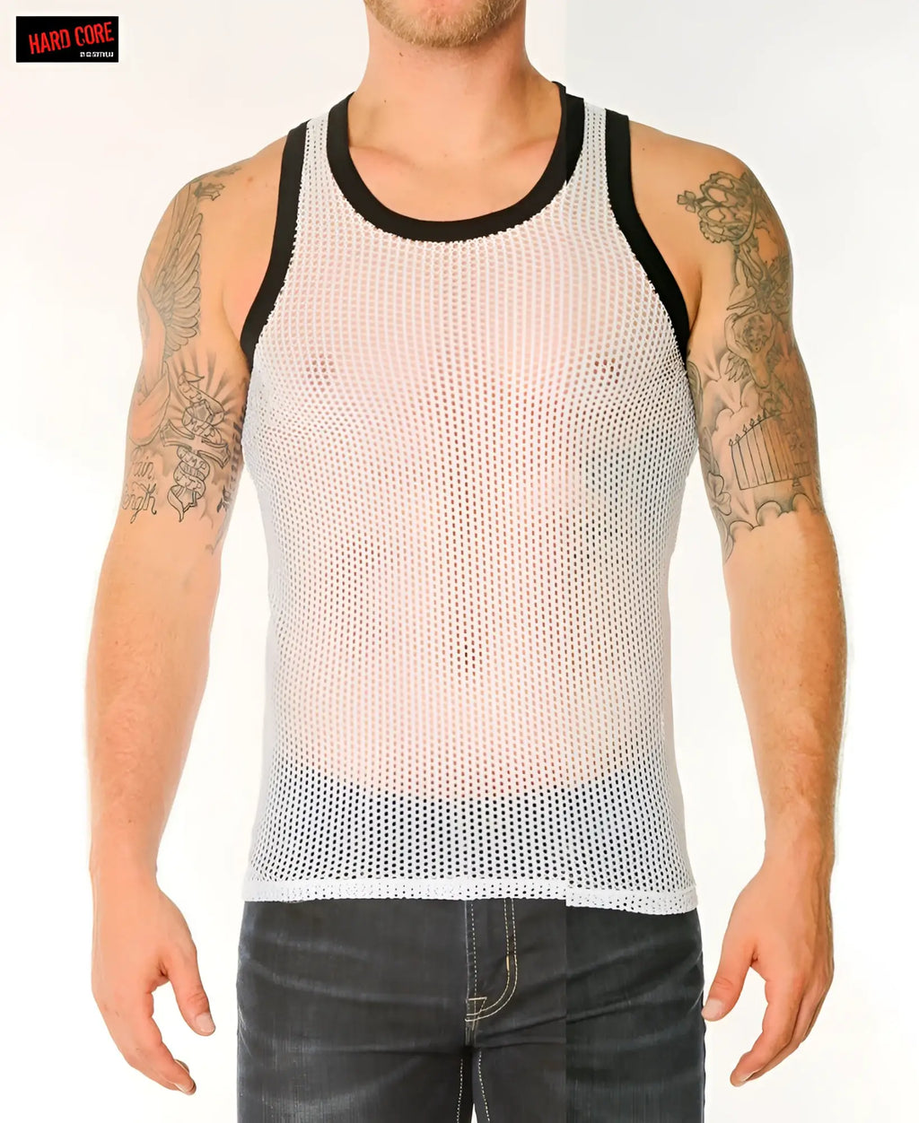 White mesh tank top with black trim featuring chain link mesh material for breathable comfort