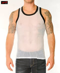 White mesh tank top with black trim featuring chain link mesh material for breathable comfort