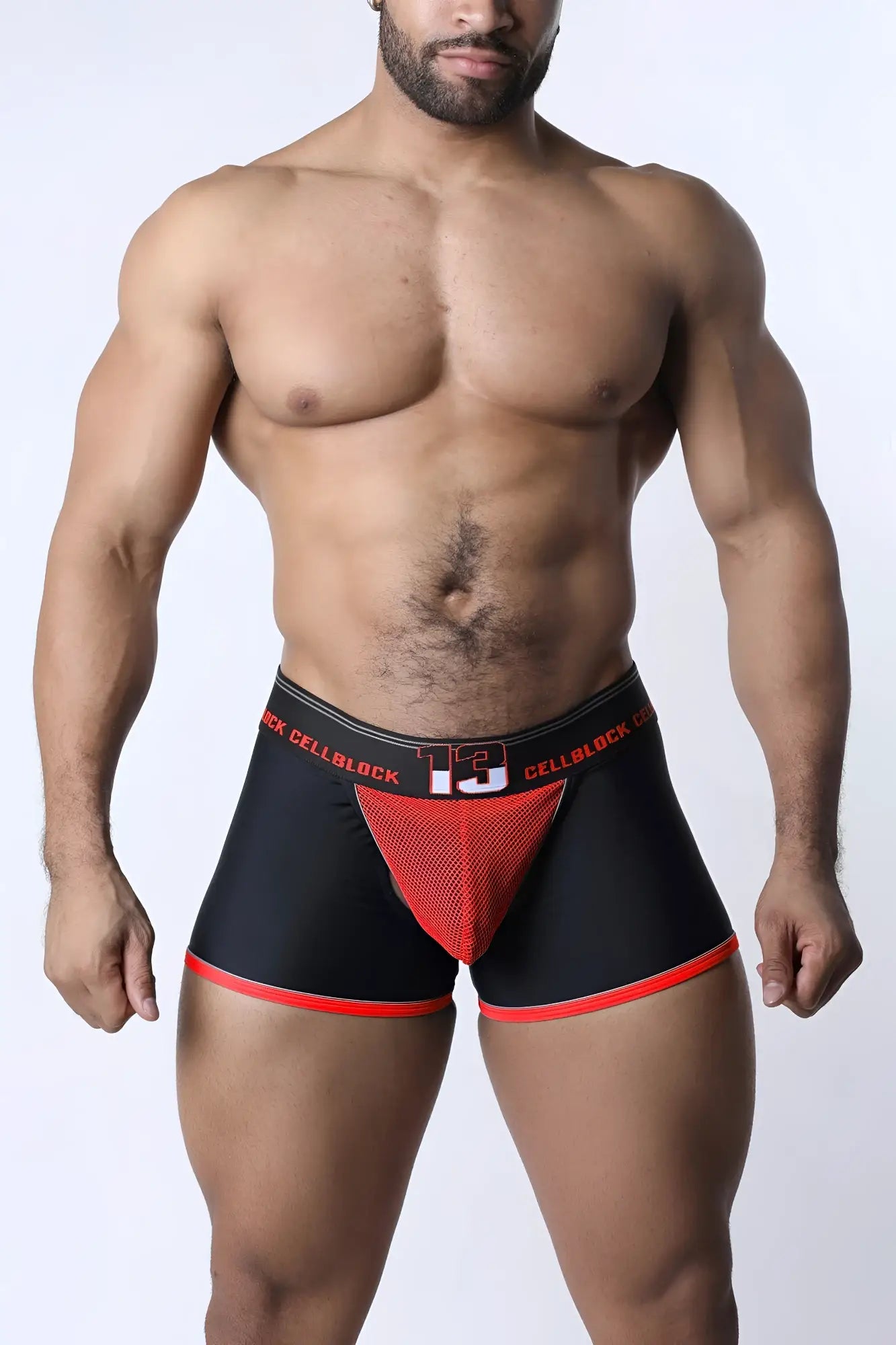Chain reaction jock trunk black and red men’s briefs with mesh panel and cell block design front view