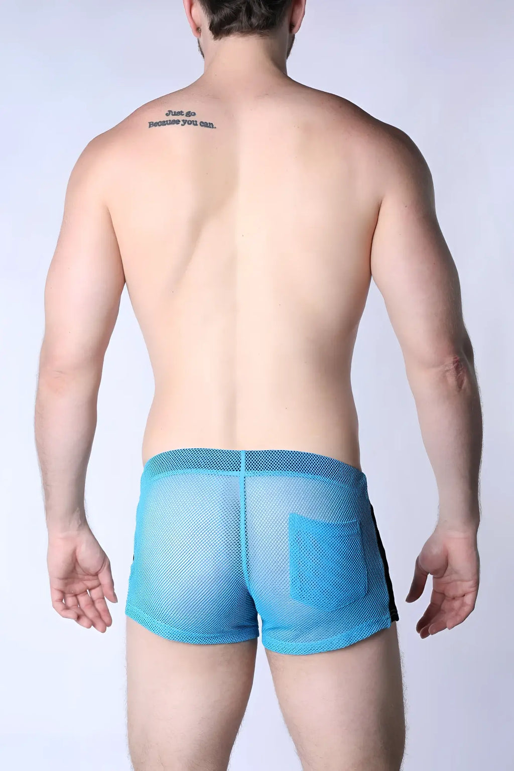 Blue mesh briefs with solid blue waistband and black side trim from the chain reaction mesh short collection