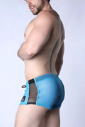 Blue mesh swim trunks with black side panels and drawstring waistband in the chain reaction mesh short style