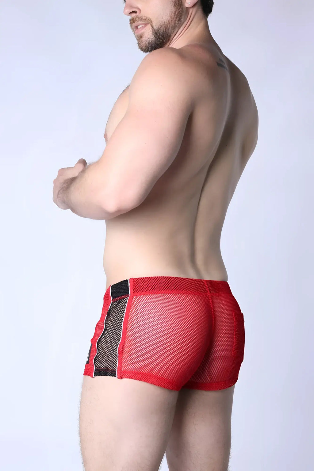 Chain reaction mesh short red mesh briefs with black side panels breathable stretch fabric design