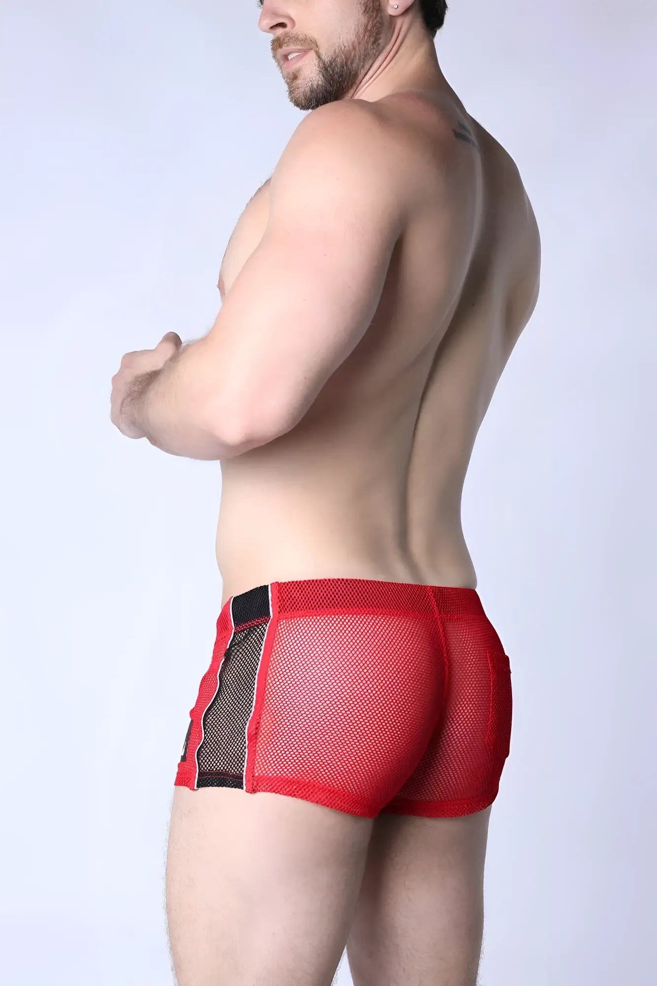 Chain reaction mesh short red mesh briefs with black side panels breathable stretch fabric design