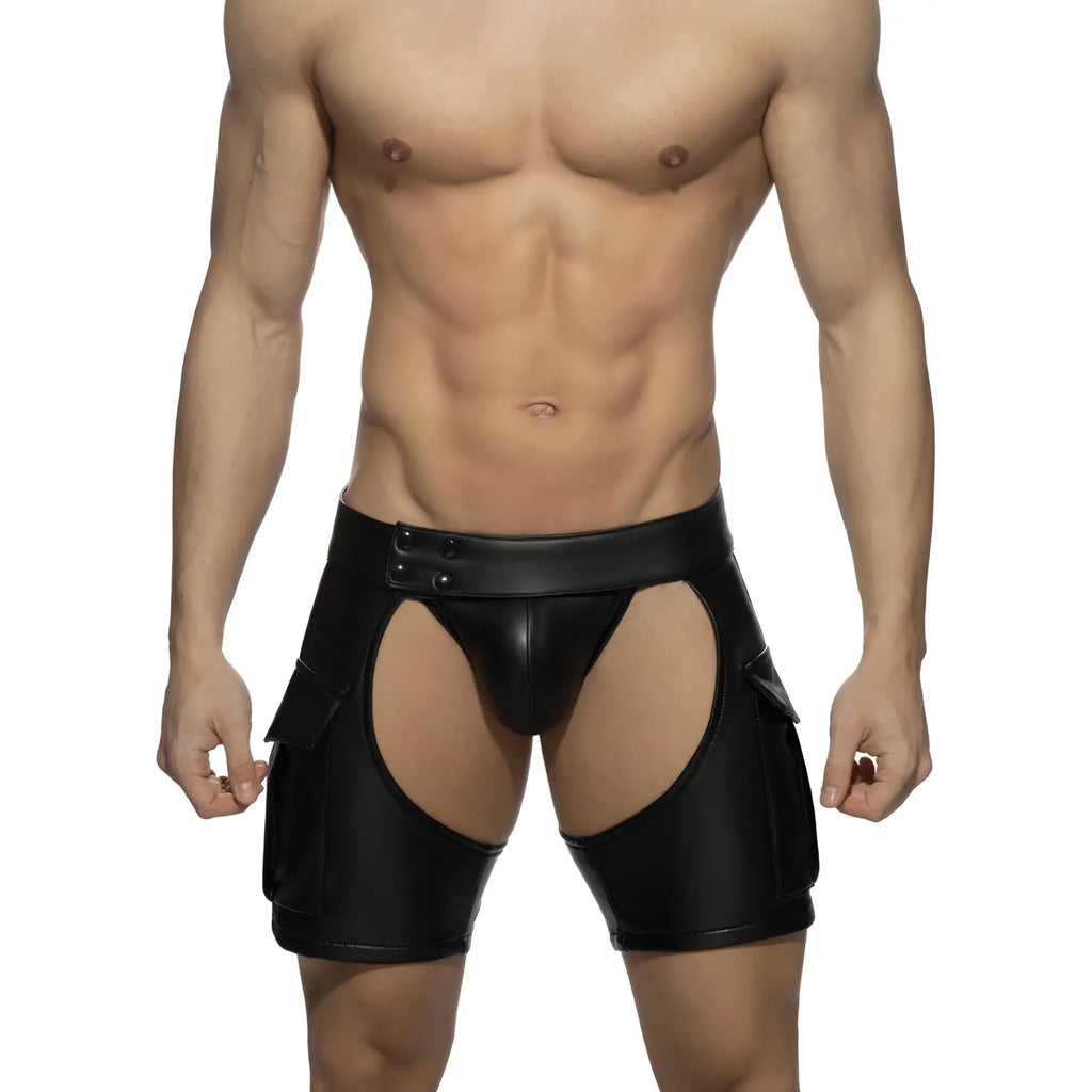 Black faux leather chaps shorts with cut-out sides and side pockets for edgy casual wear
