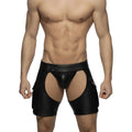 Black faux leather chaps shorts with cut-out sides and side pockets for edgy casual wear