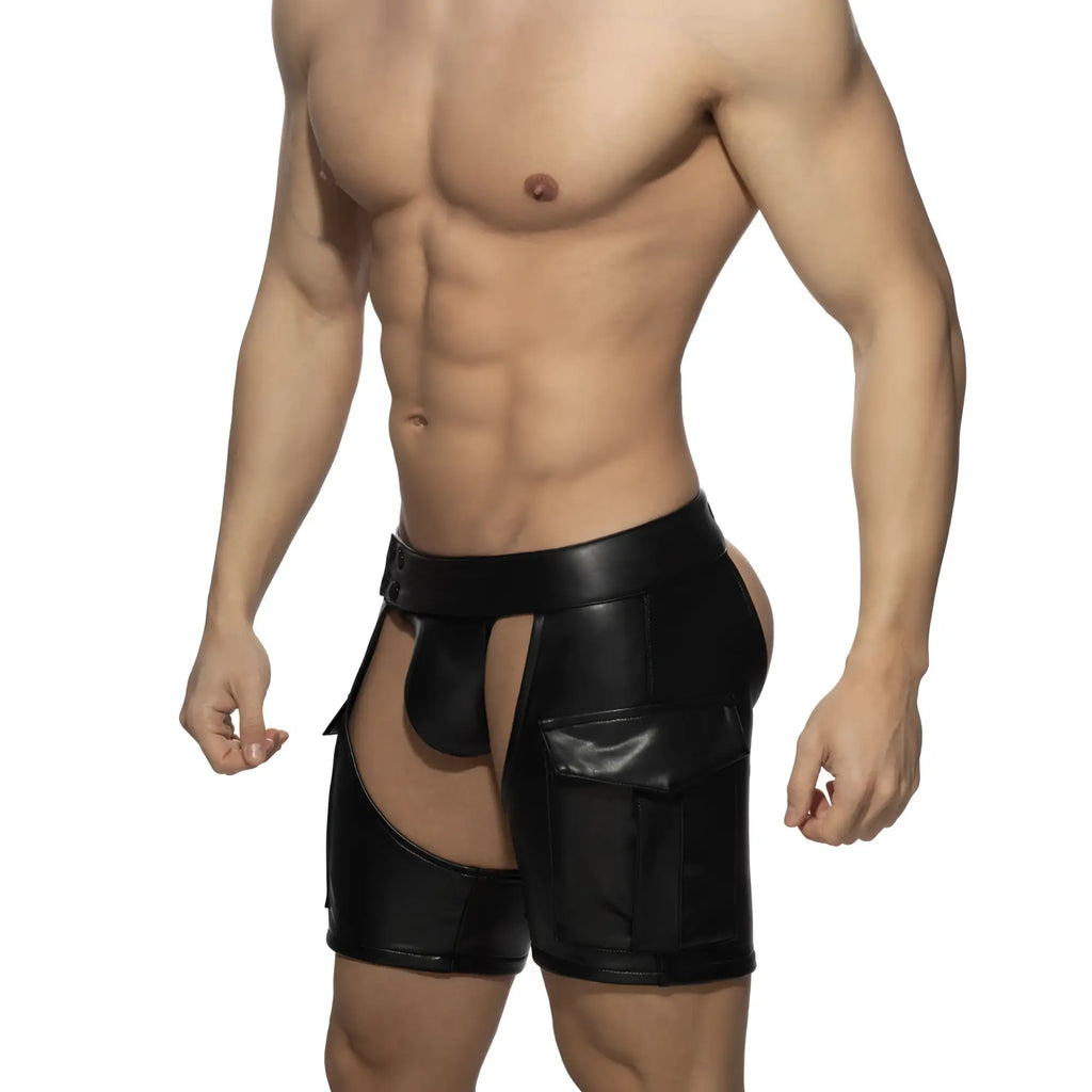 Black faux leather chaps shorts featuring a wide waistband and side pockets for stylish casual wear