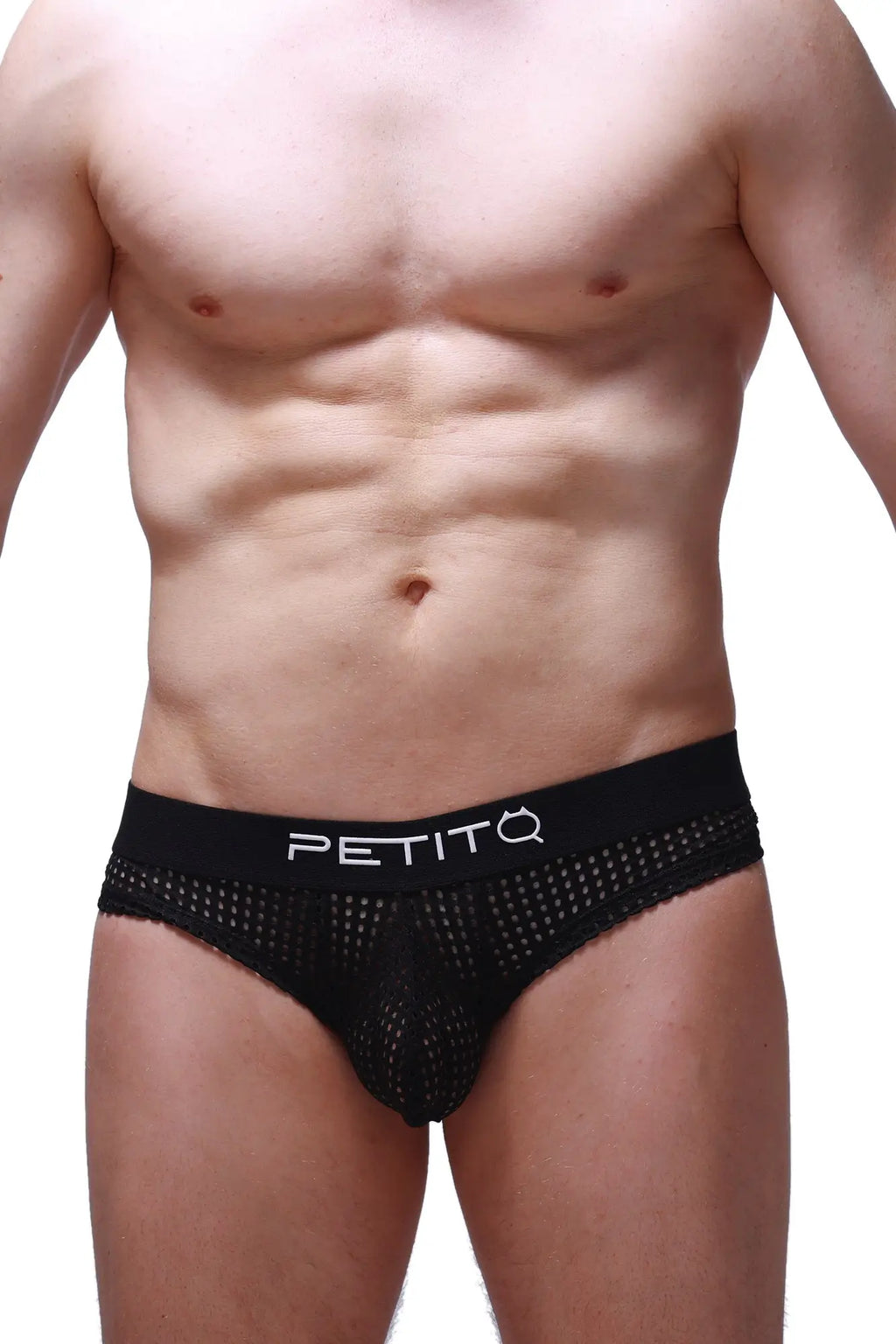 Cheeky brief durtol black featuring black mesh briefs with a solid waistband and petitq logo in white lettering