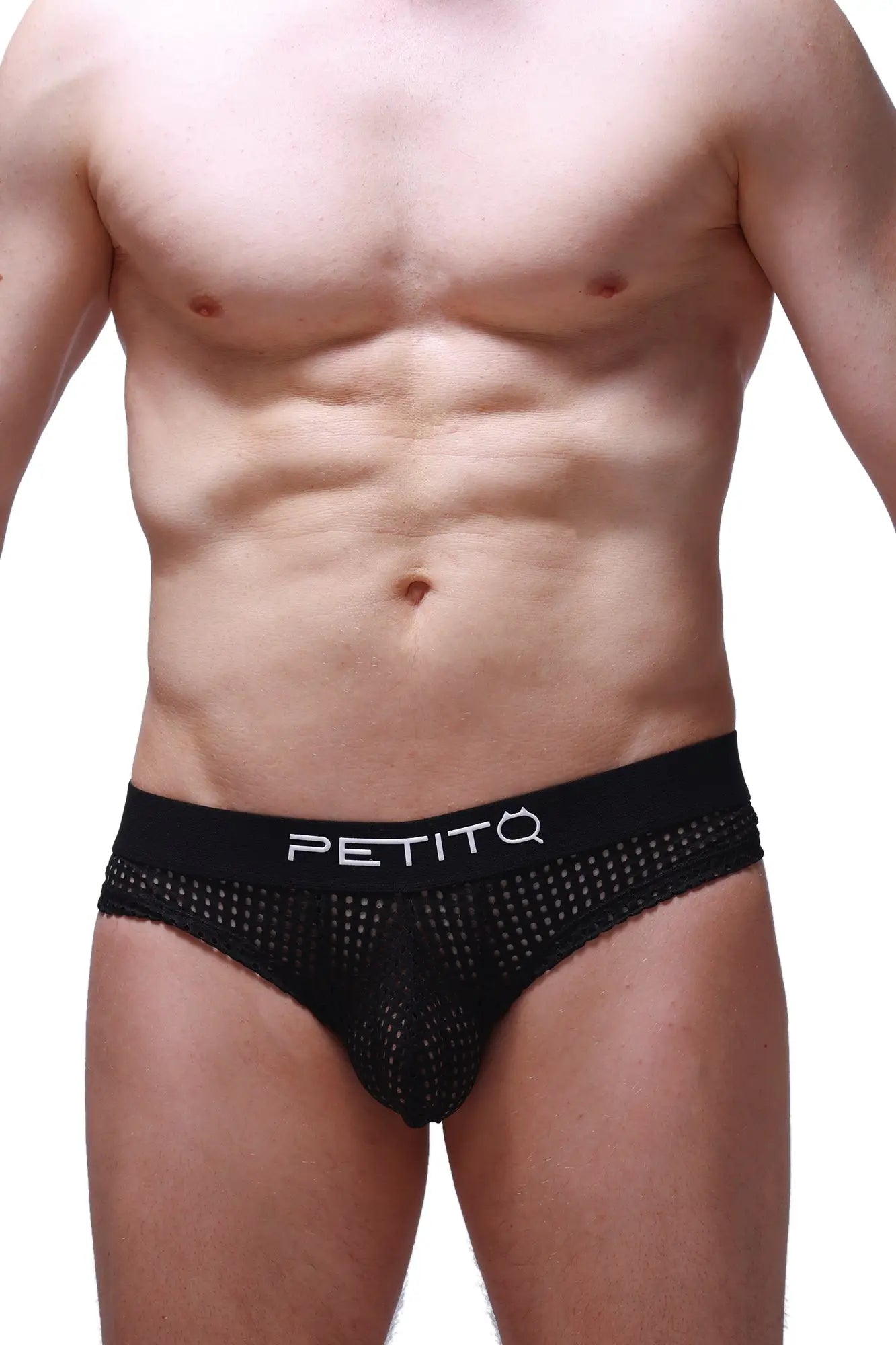 Cheeky brief durtol black featuring black mesh briefs with a solid waistband and petitq logo in white lettering