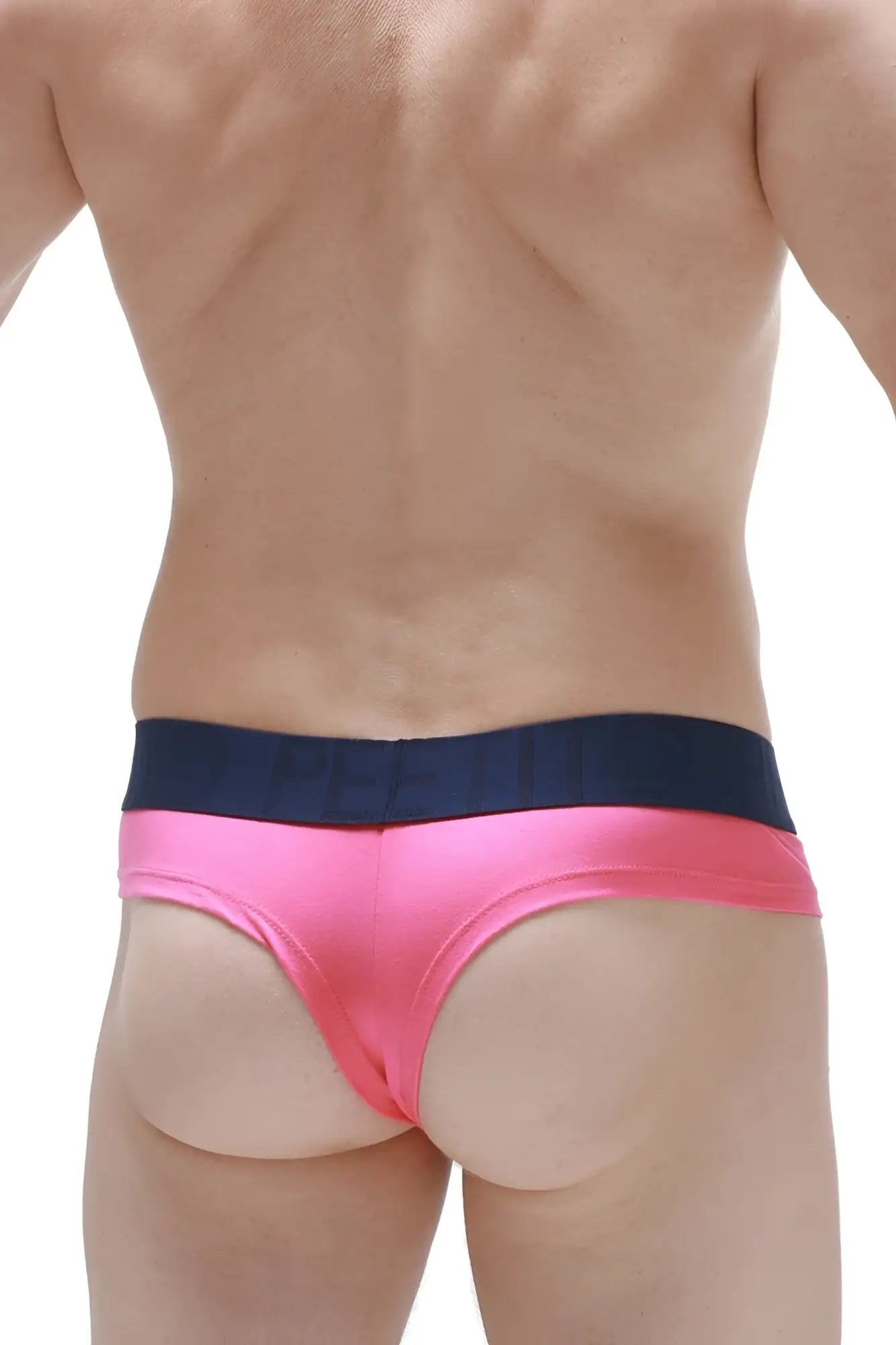 Bright pink satin cheeky briefs with a contrasting navy blue waistband showing the front view