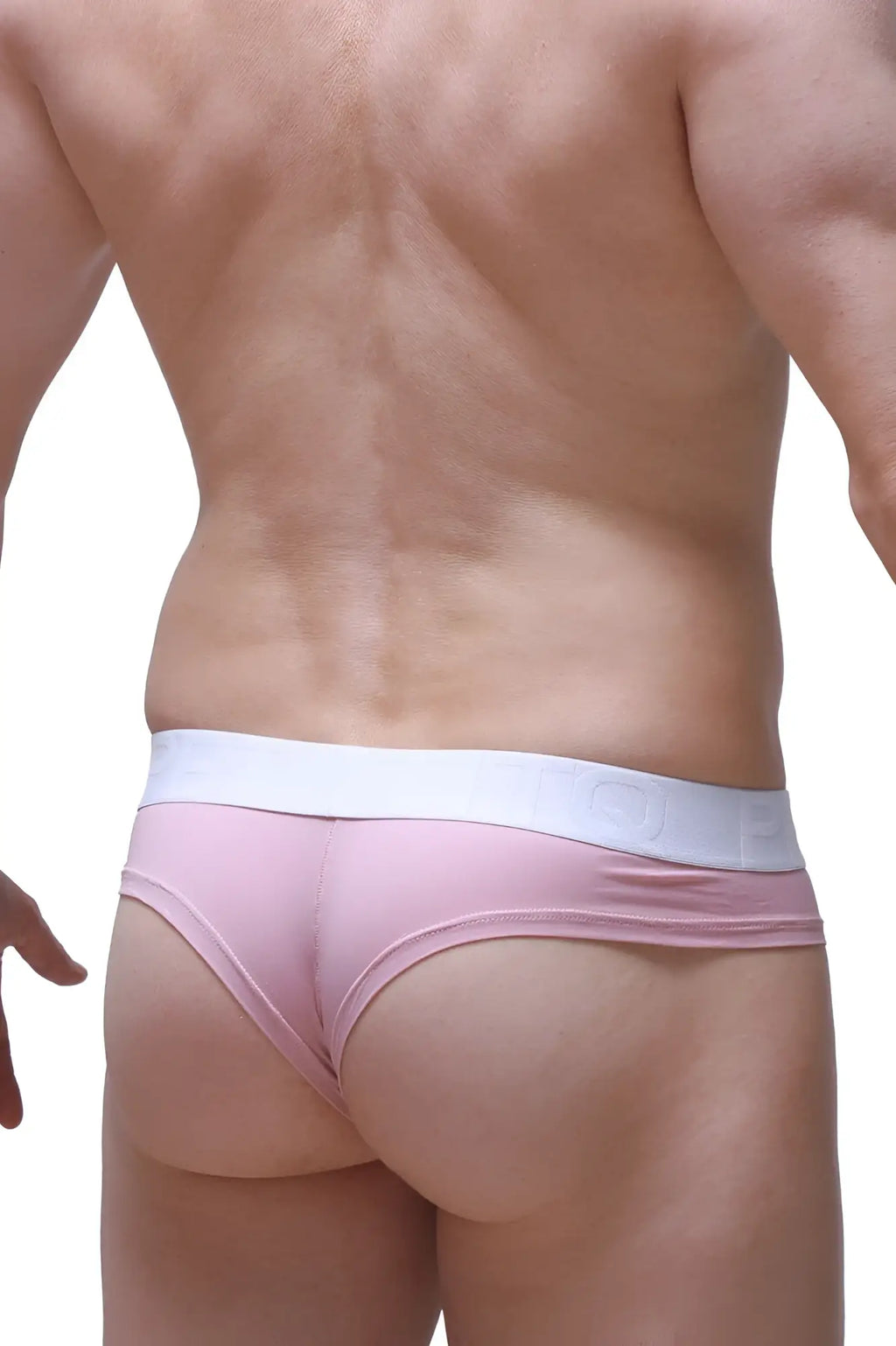 Pink cheeky brief skine tea rose thong with white elastic waistband showing the back side