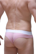 Pink cheeky brief skine tea rose thong with white elastic waistband showing the back side