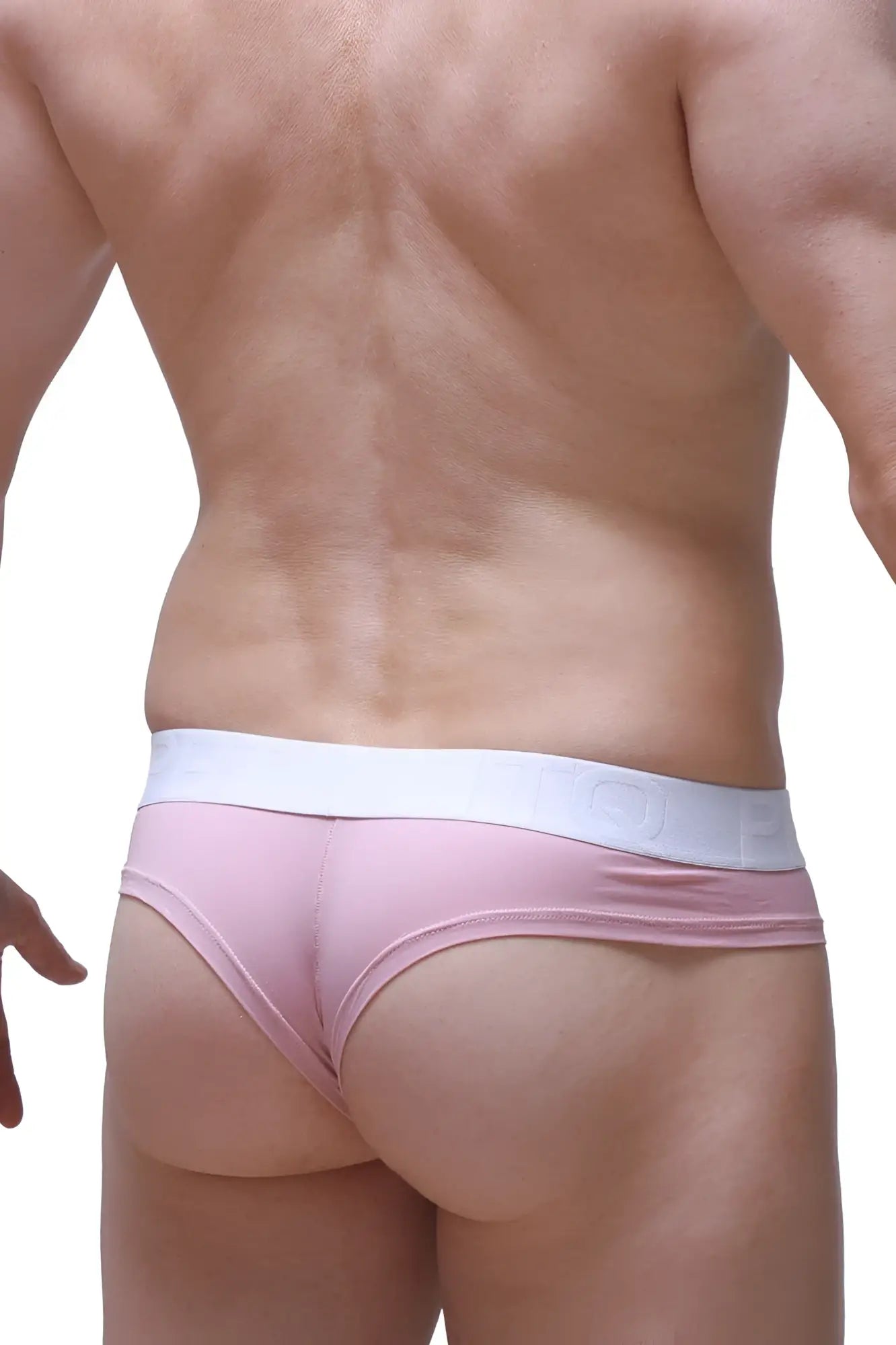 Pink cheeky brief skine tea rose thong with white elastic waistband showing the back side