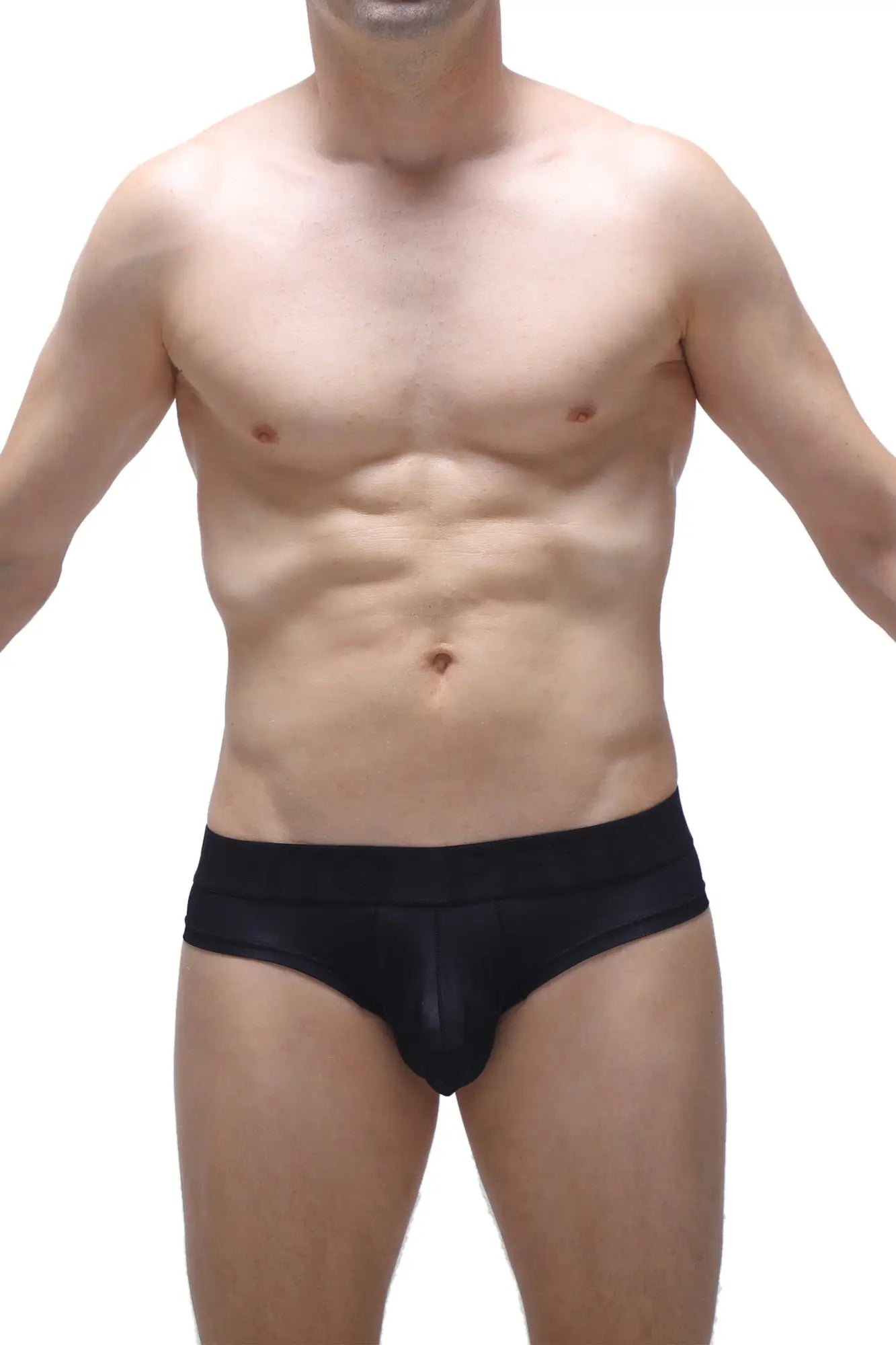 Black cheeky brief voile men’s briefs with a smooth glossy finish in form-fitting fabric