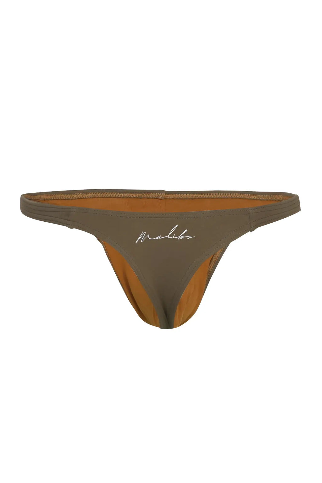 Cheeky classic g-string thong in army green with minimalist olive green fabric and tan interior featuring malibu logo