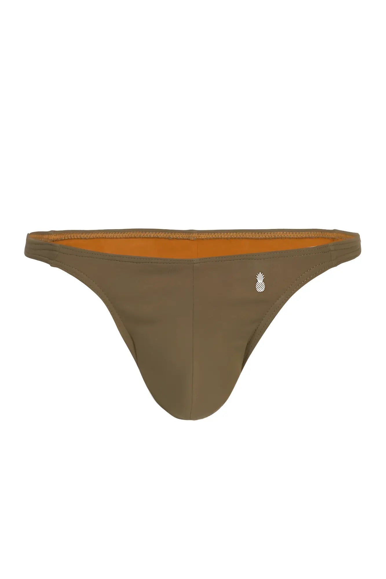 Olive green cheeky classic g-string thong bikini bottom with orange lining and white pineapple logo on front
