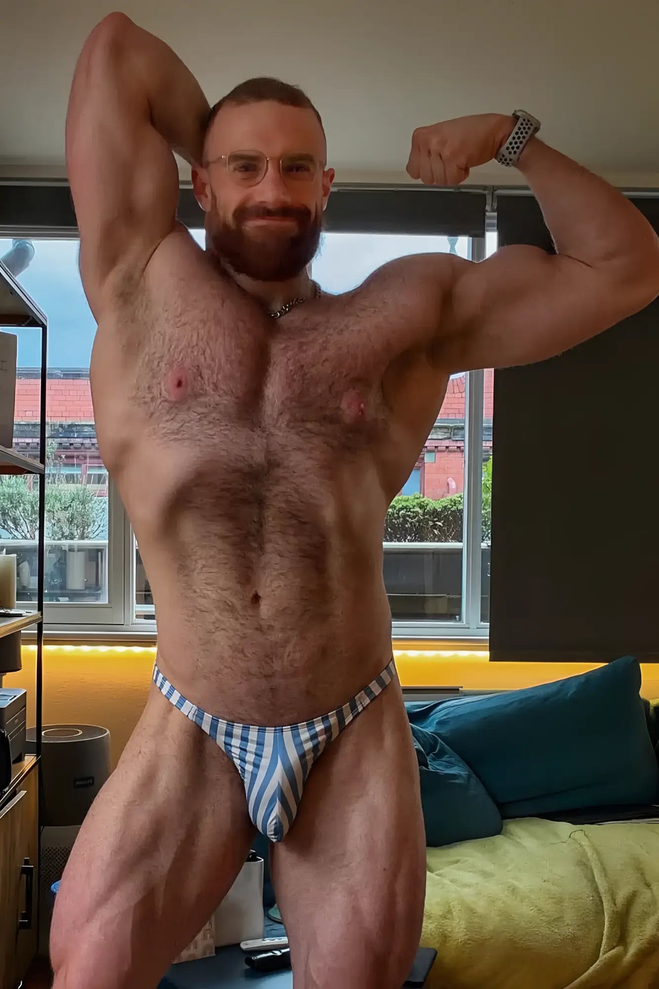 Blue and white striped checkered cheeky classic g-string thong briefs made of soft breathable fabric showing front side