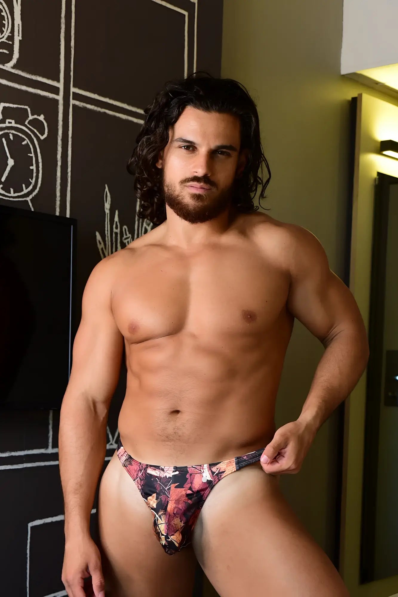 Cheeky classic g-string thong cajun camo with patterned briefs featuring pink orange and black floral design front view