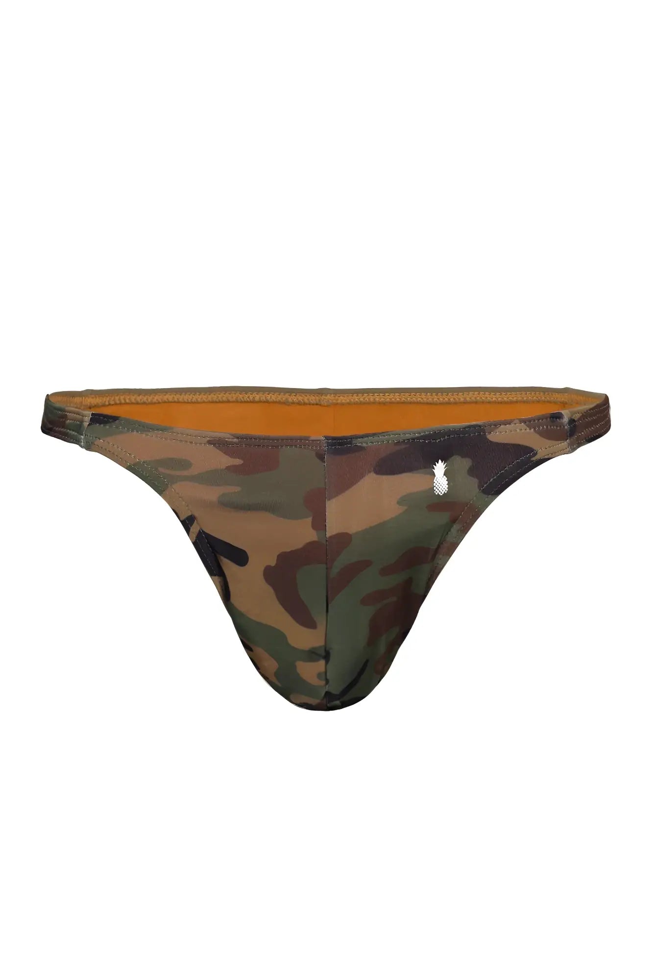 Cheeky classic g-string thong camo camouflage pattern with orange inner lining and white logo on the side