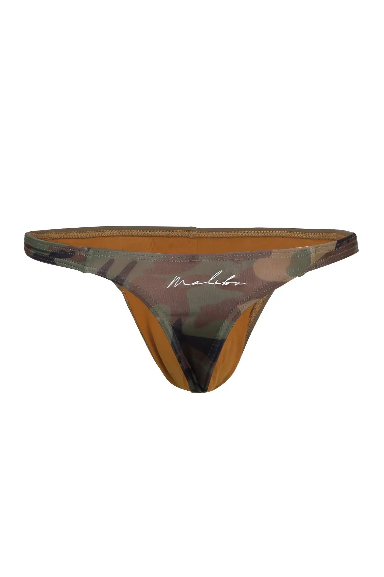 Cheeky classic g-string thong camo with camouflage pattern tan interior and malibu brand embroidered in white script