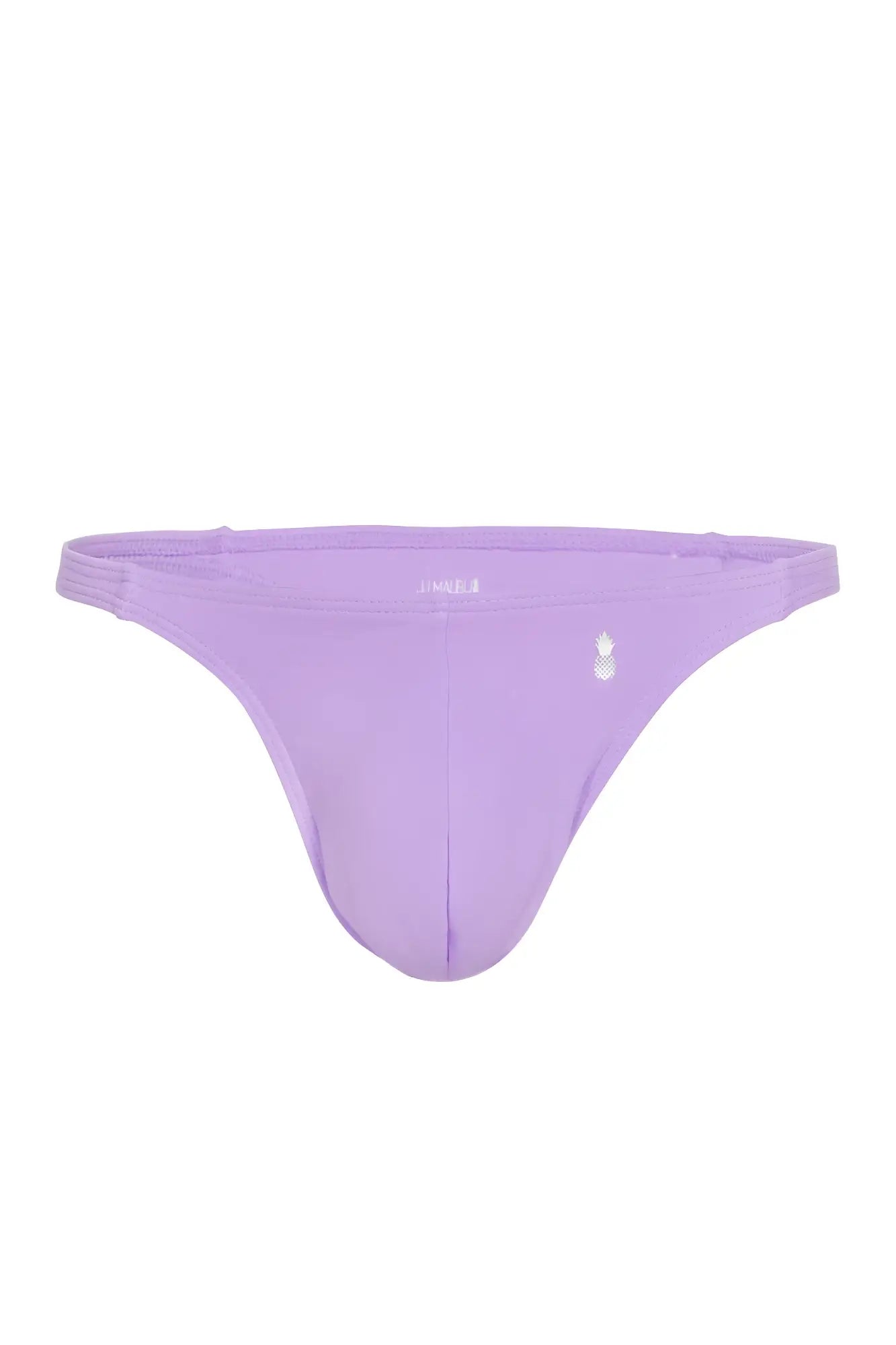 A lavender digital violet cheeky classic g-string thong made of stretchy fabric with a small white logo on the hipband