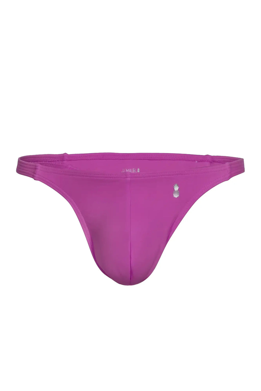 A vibrant magenta cheeky classic g-string thong by j.mike made of smooth stretchy fabric with a silver hip logo