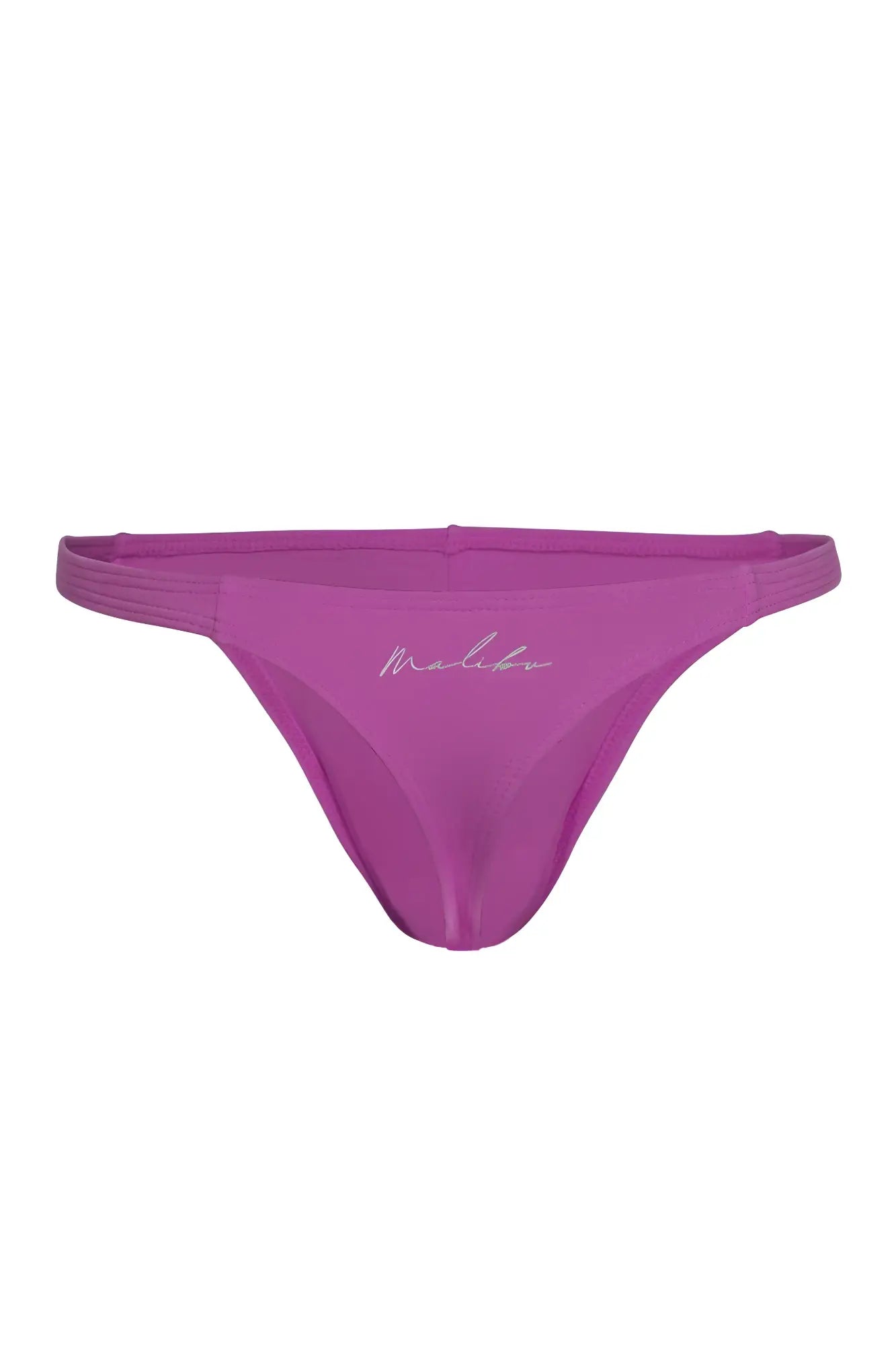A vibrant magenta cheeky classic g-string thong made of smooth stretchy fabric with a silver malibu logo embroidered