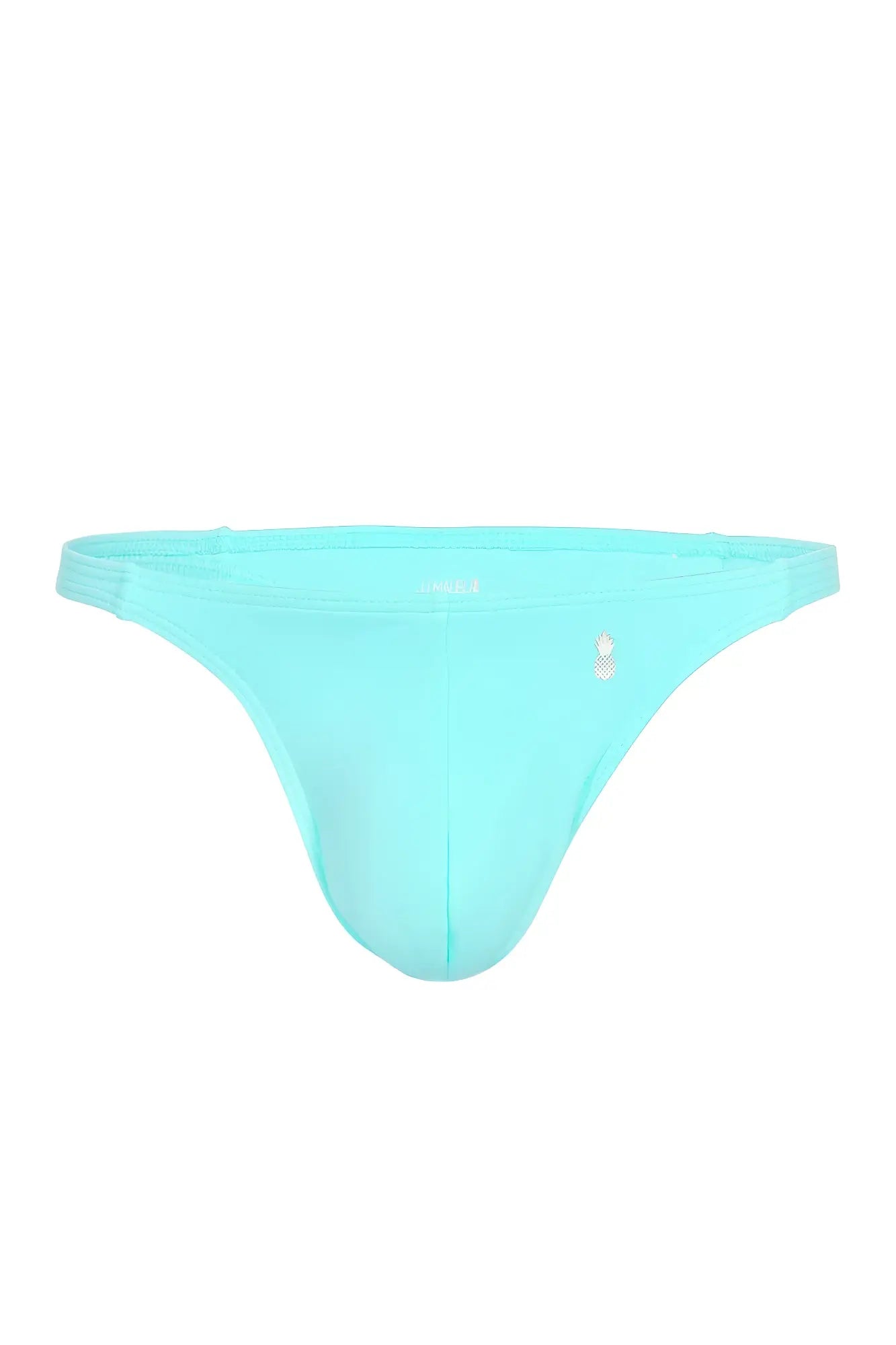 A sleek light blue cheeky classic g-string thong made of smooth fabric with a small white logo on the side