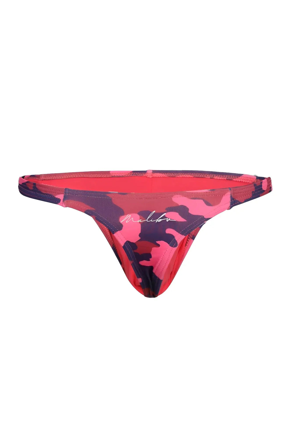 Cheeky classic G-string thong in vibrant pink and dark purple camo with red inner lining, shown from the back side