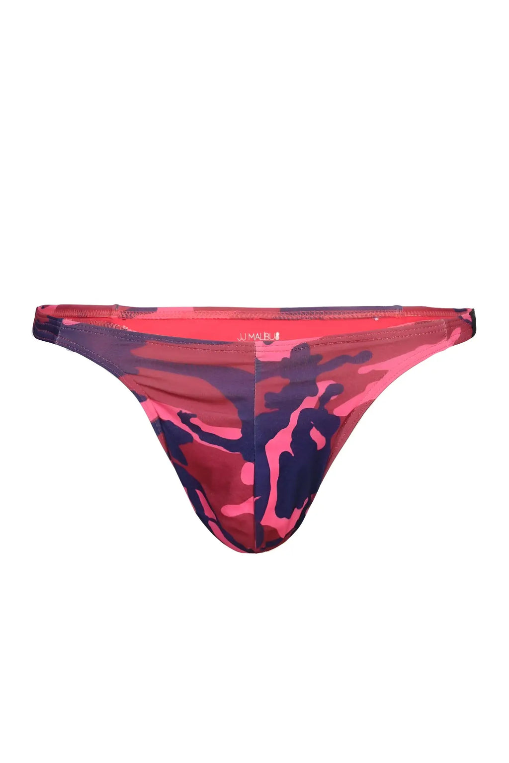 A vibrant pink and navy blue camouflage patterned men’s thong with a sleek form fitting design in the back view