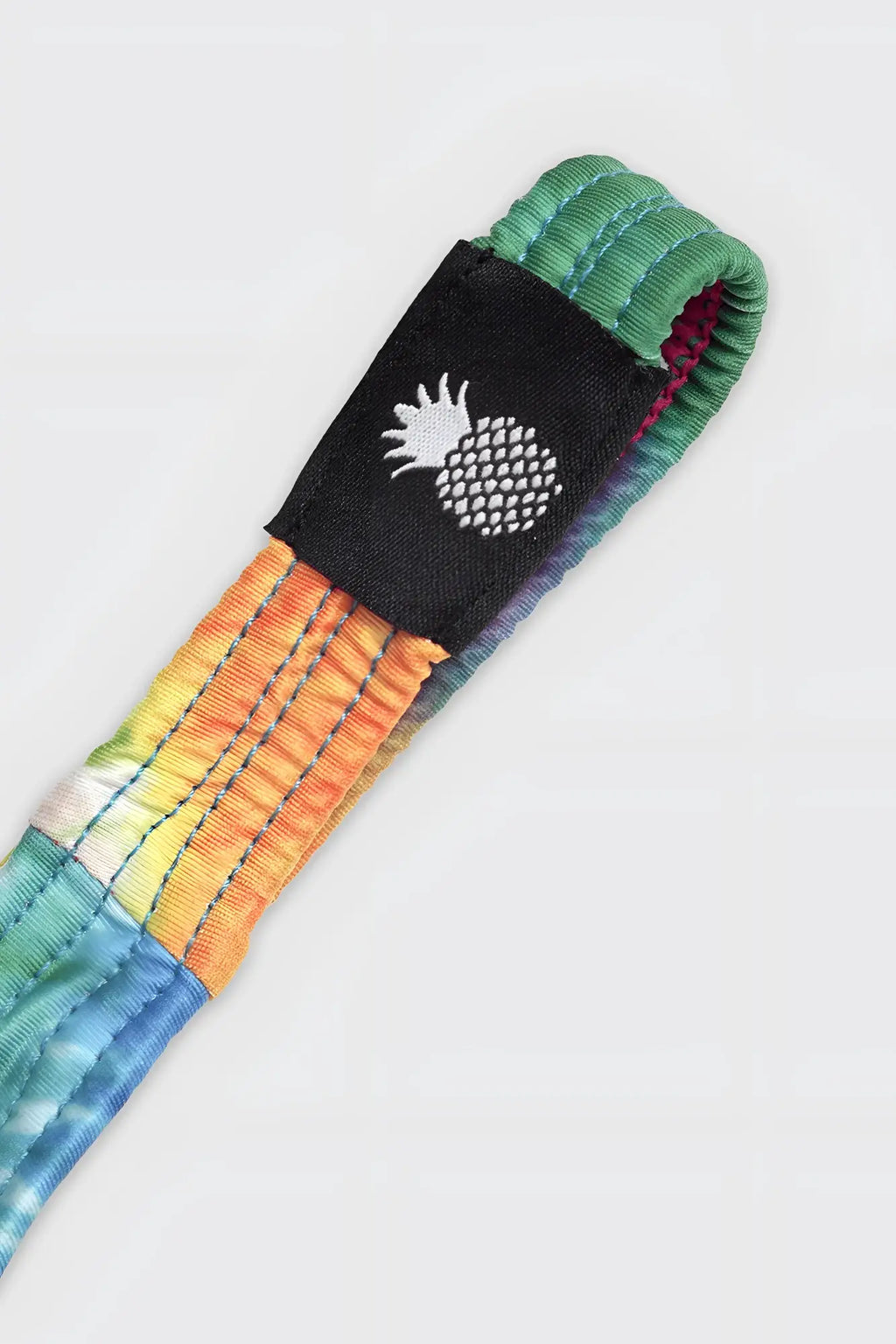 Cheeky classic g-string thong with rainbow tie-dye fabric strap and black patch featuring white pineapple logo