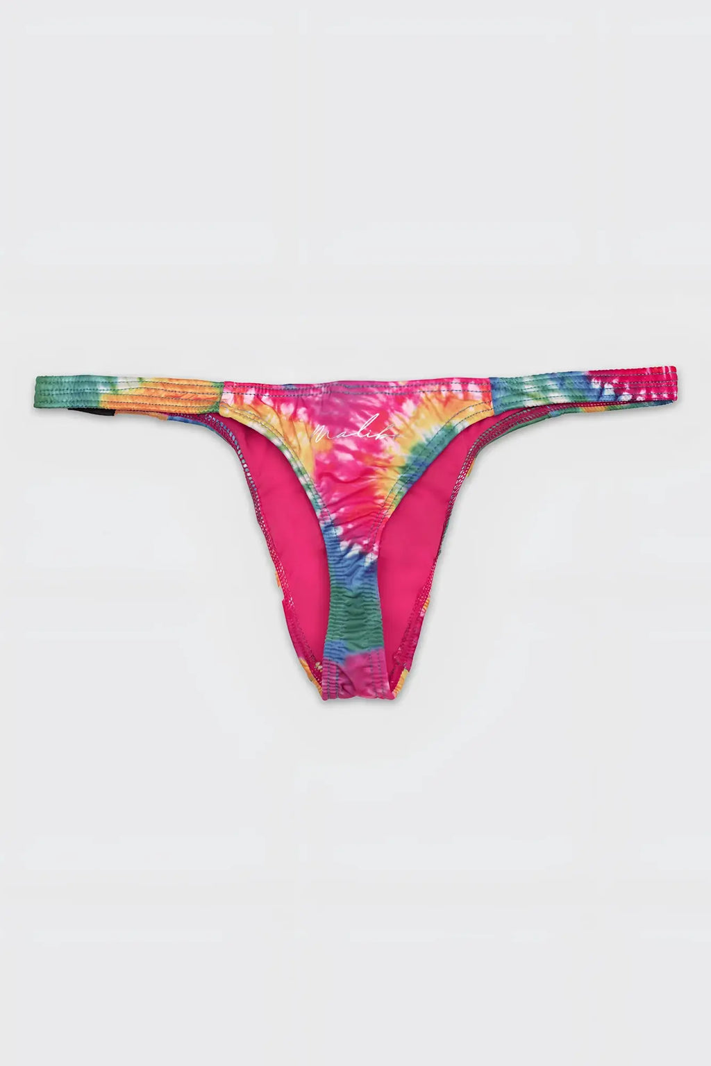 Cheeky classic g-string thong in vibrant pink blue green and yellow tie dye with stretchy elastic waistband