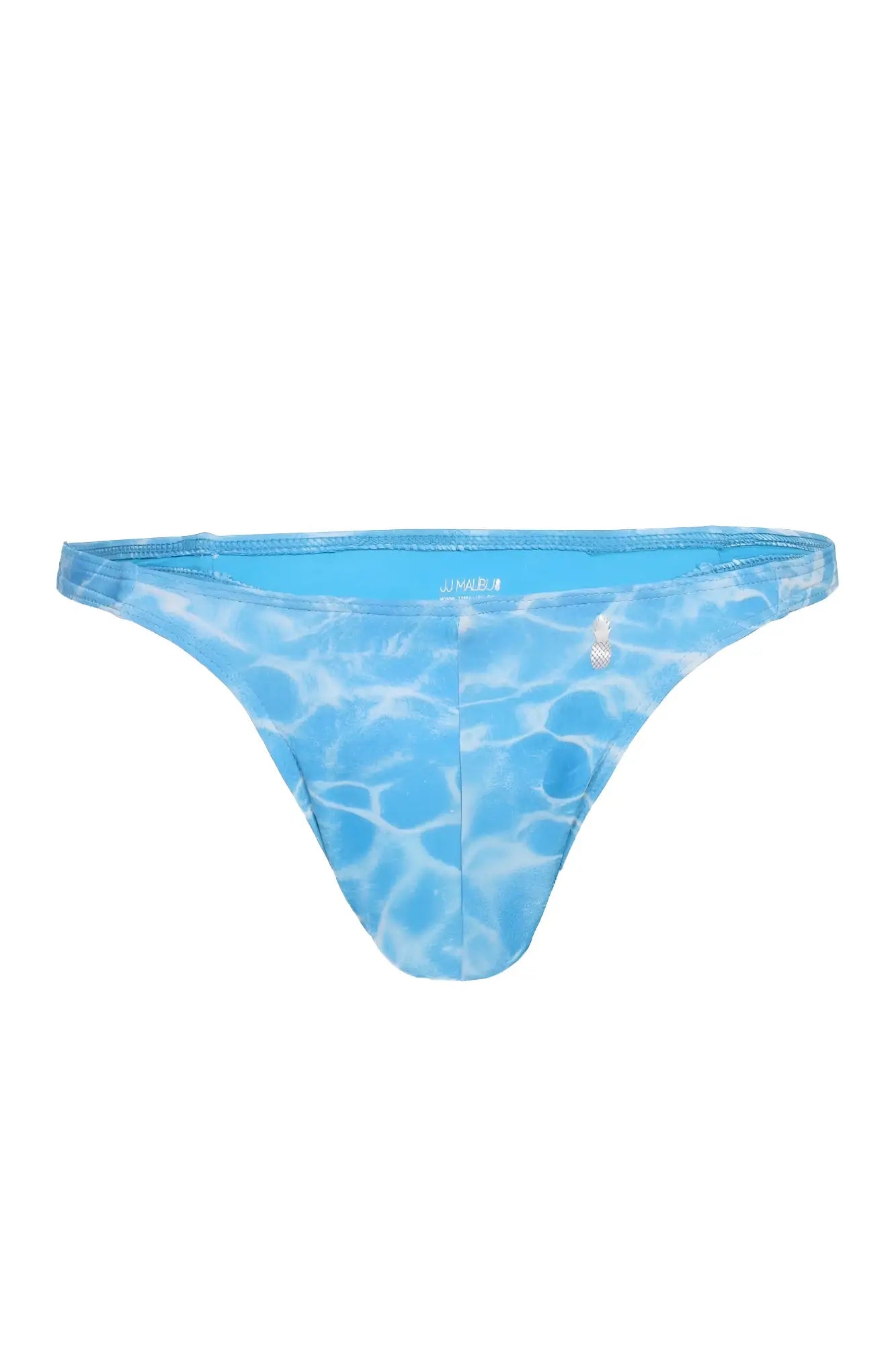 Cheeky classic g-string thong in blue with a water ripple pattern and a matching elastic waistband
