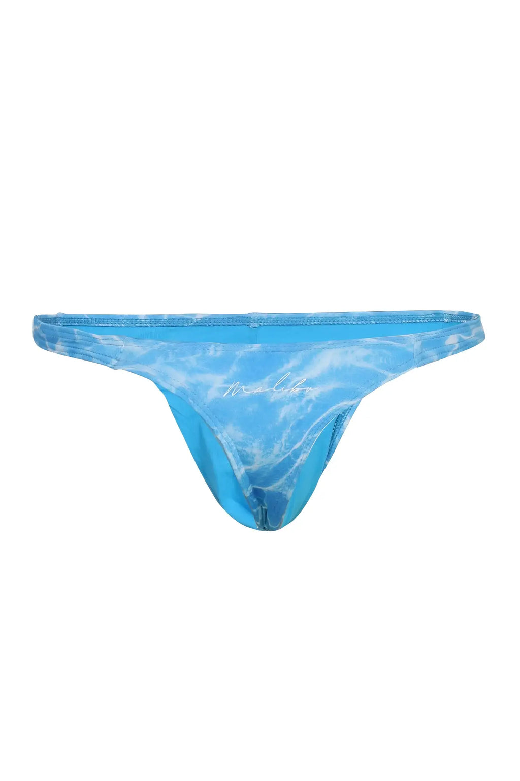 A vibrant blue tie-dye cheeky classic g-string thong with subtle white swirl and silver two lilies embroidery