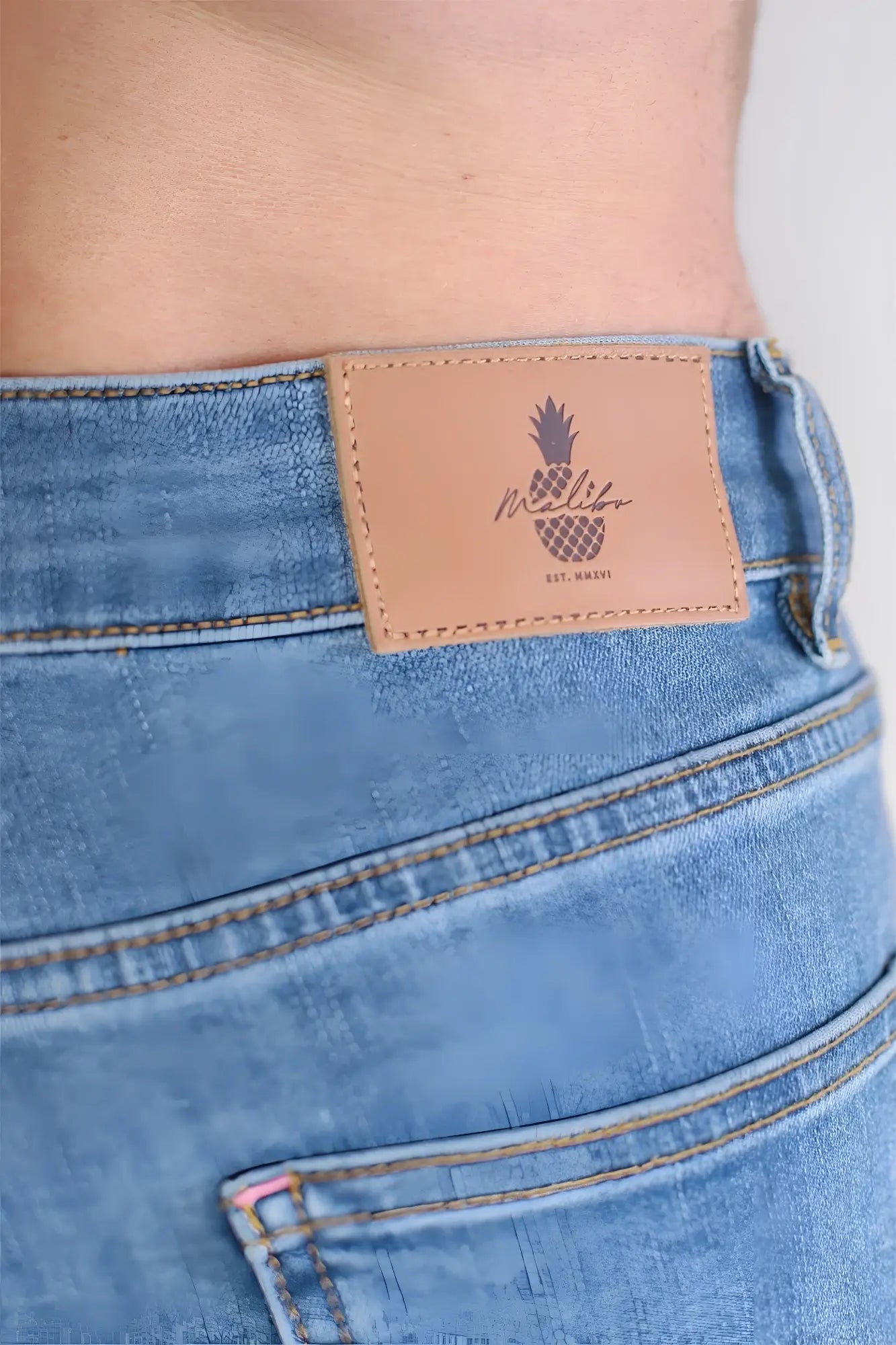 Light blue denim cheeky summer 2.5 inch brief shorts with tan leather pineapple patch and melina branding