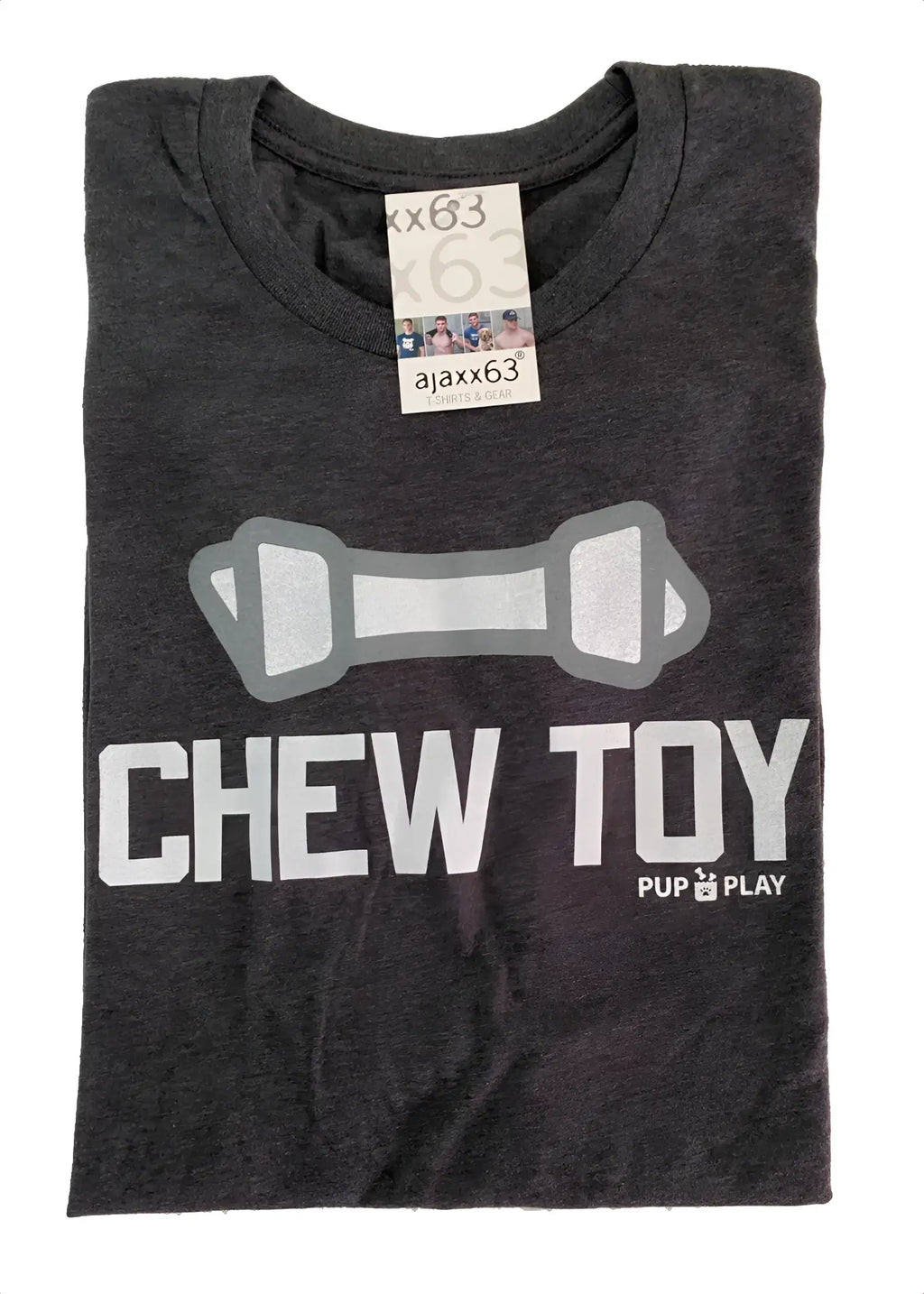 Dark heather gray cotton t-shirt featuring a silver glittery dumbbell graphic and chew toy text in bold white letters