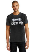 Dark heather gray premium heather short-sleeved t-shirt with white and light gray dumbbell graphic and chew toy text