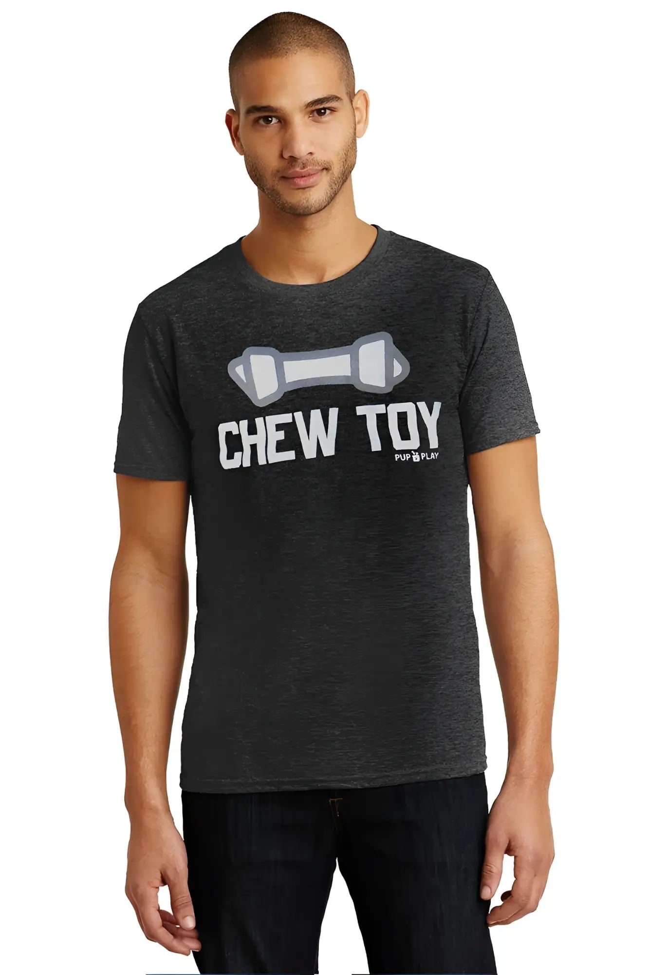 Dark heather gray premium heather short-sleeved t-shirt with white and light gray dumbbell graphic and chew toy text