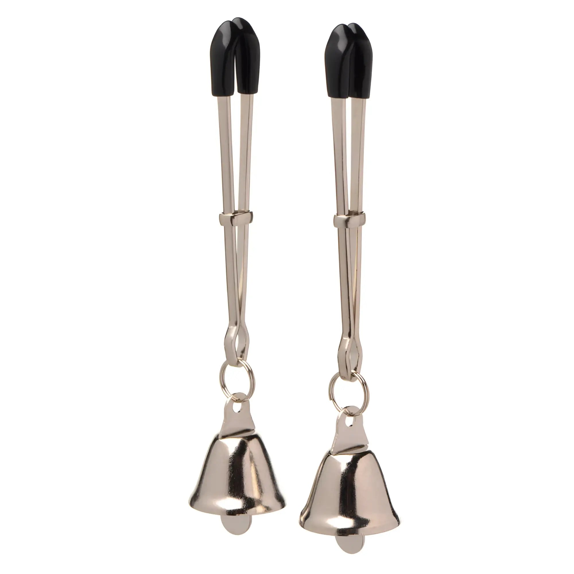 A pair of silver-toned chimera adjustable bell nipple clamps with black rubber tips and small hanging bells